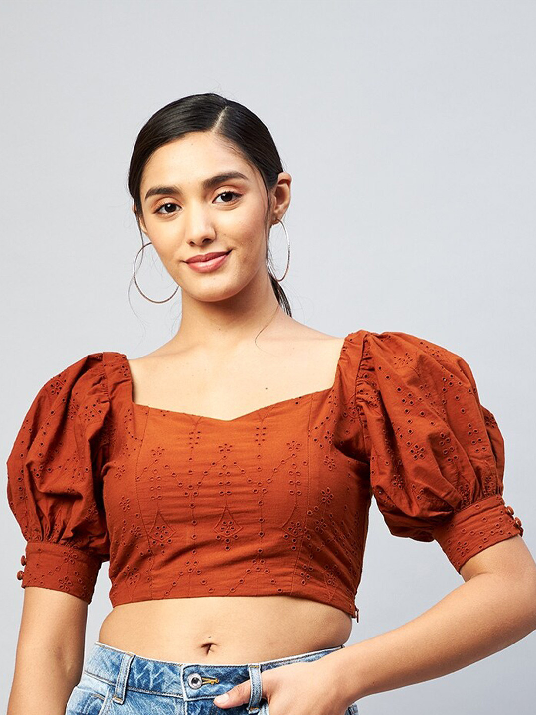 DELAN Brown Schiffli Crop Top