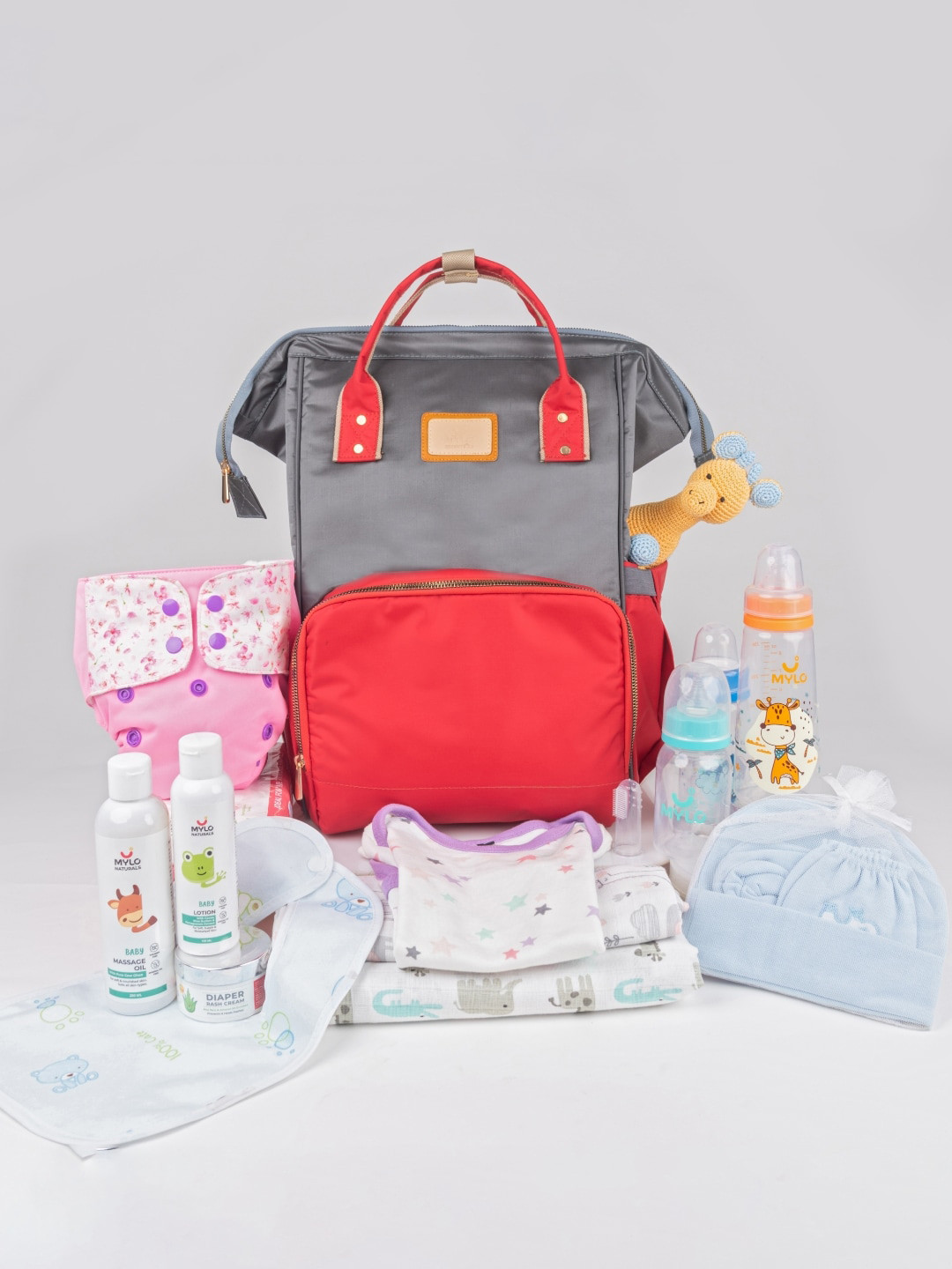 Mylo Kids Grey & Red Water-Resistant Diaper Backpack with Free Diaper Pouch
