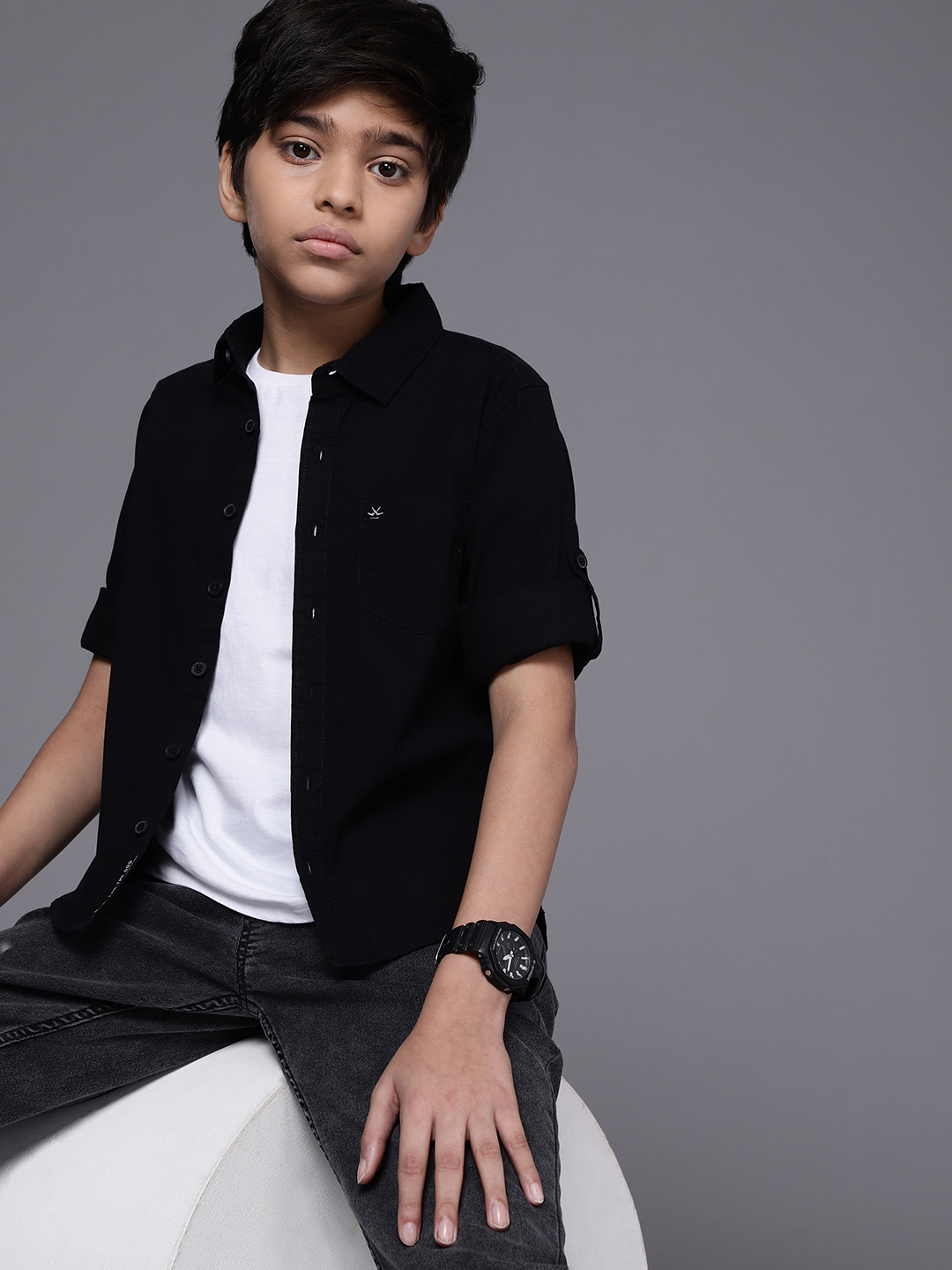 WROGN YOUTH Boys Black Solid Slim Fit Pure Cotton Casual Shirt