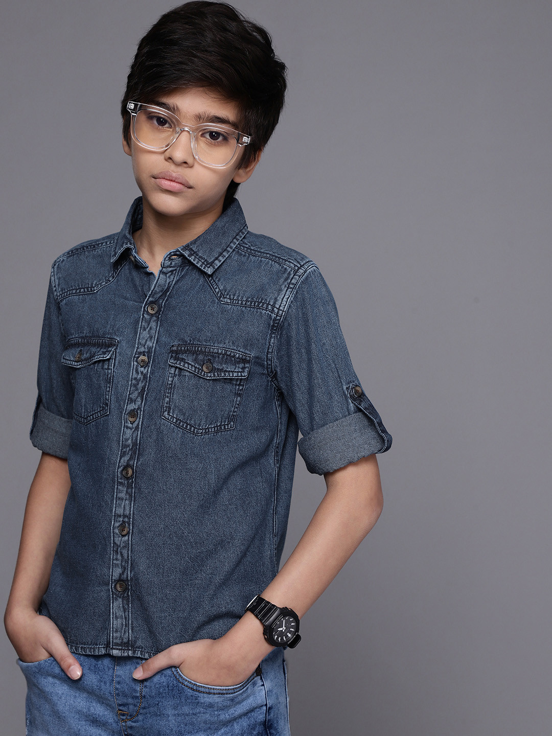 WROGN YOUTH Boys Blue Solid Slim Fit Pure Cotton Chambray Casual Shirt