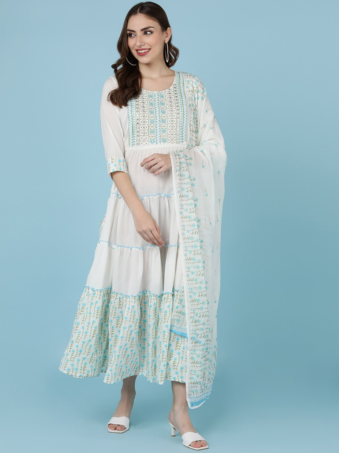 JAIPUR PRIME Women Blue Keyhole Neck Flared Sleeves White Romance Anarkali Kurta