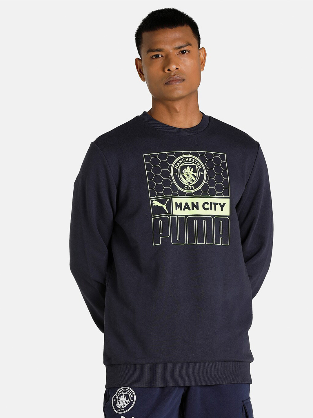 Puma Men Blue Manchester City FC FtblCore Crew Printed Football Sweatshirt