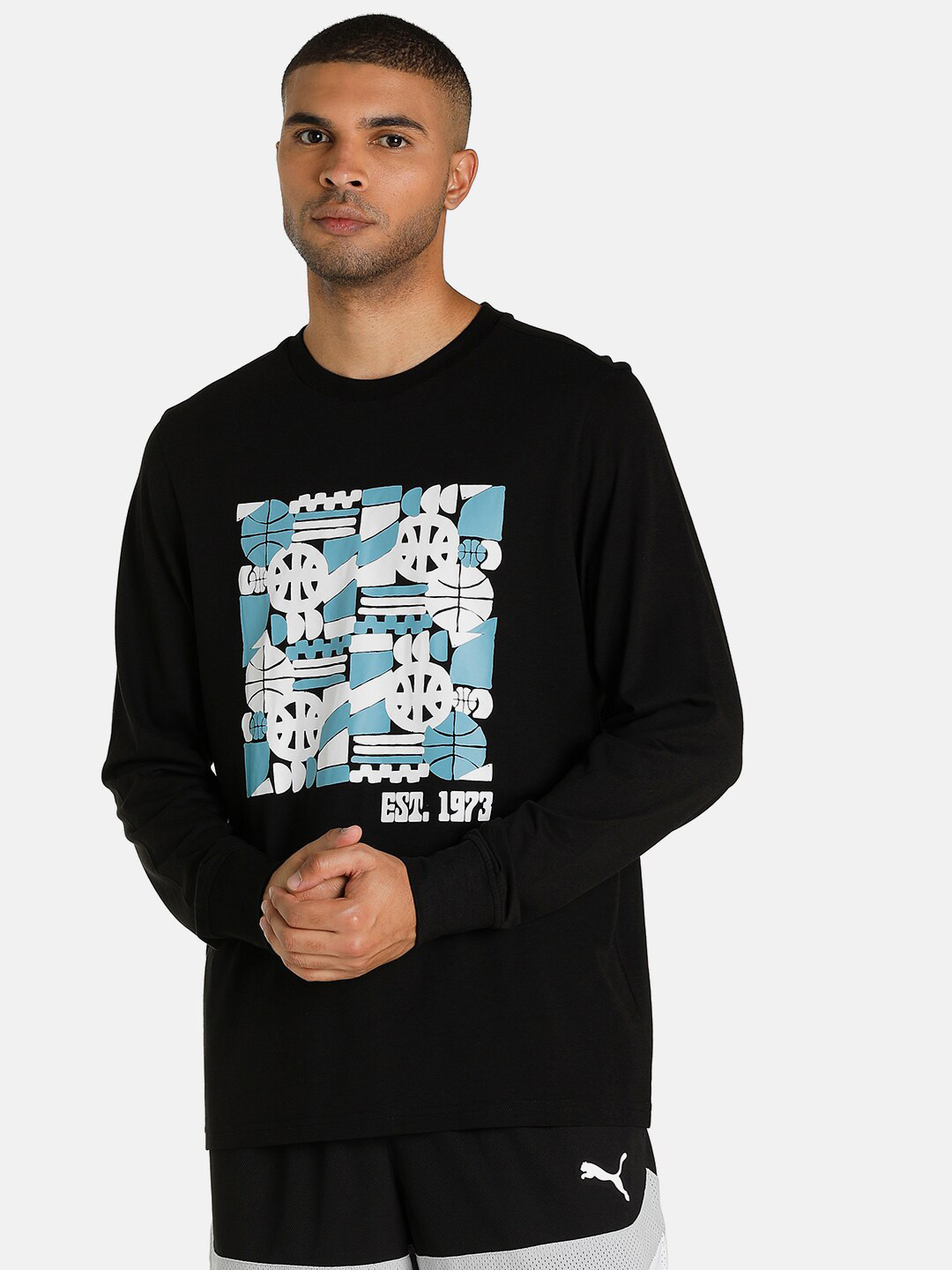 Puma Men Black & Blue Printed Crossover Long Sleeve Basketball T-Shirt