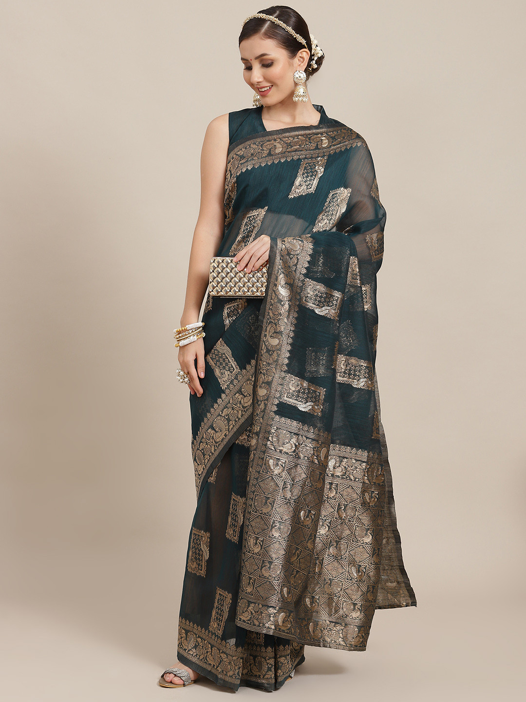 Saree mall Teal & Gold-Toned Ethnic Motifs Zari Bagh Sarees