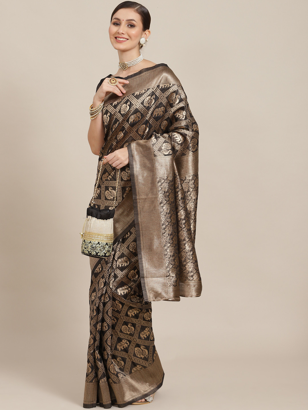 Saree mall Black & Gold-Toned Ethnic Motifs Zari Patola Sarees