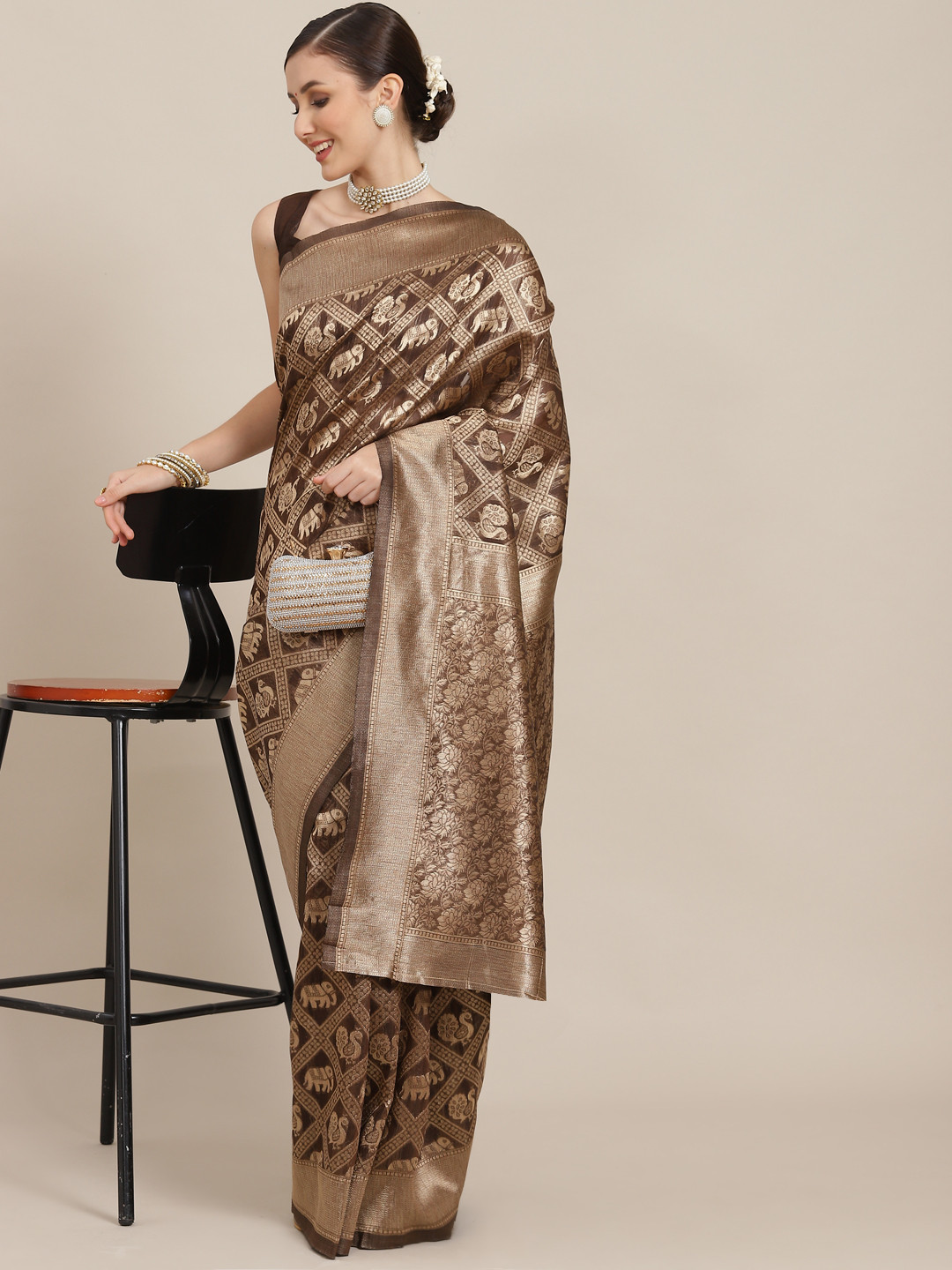 Saree mall Brown Ethnic Motifs Zari Patola Sarees