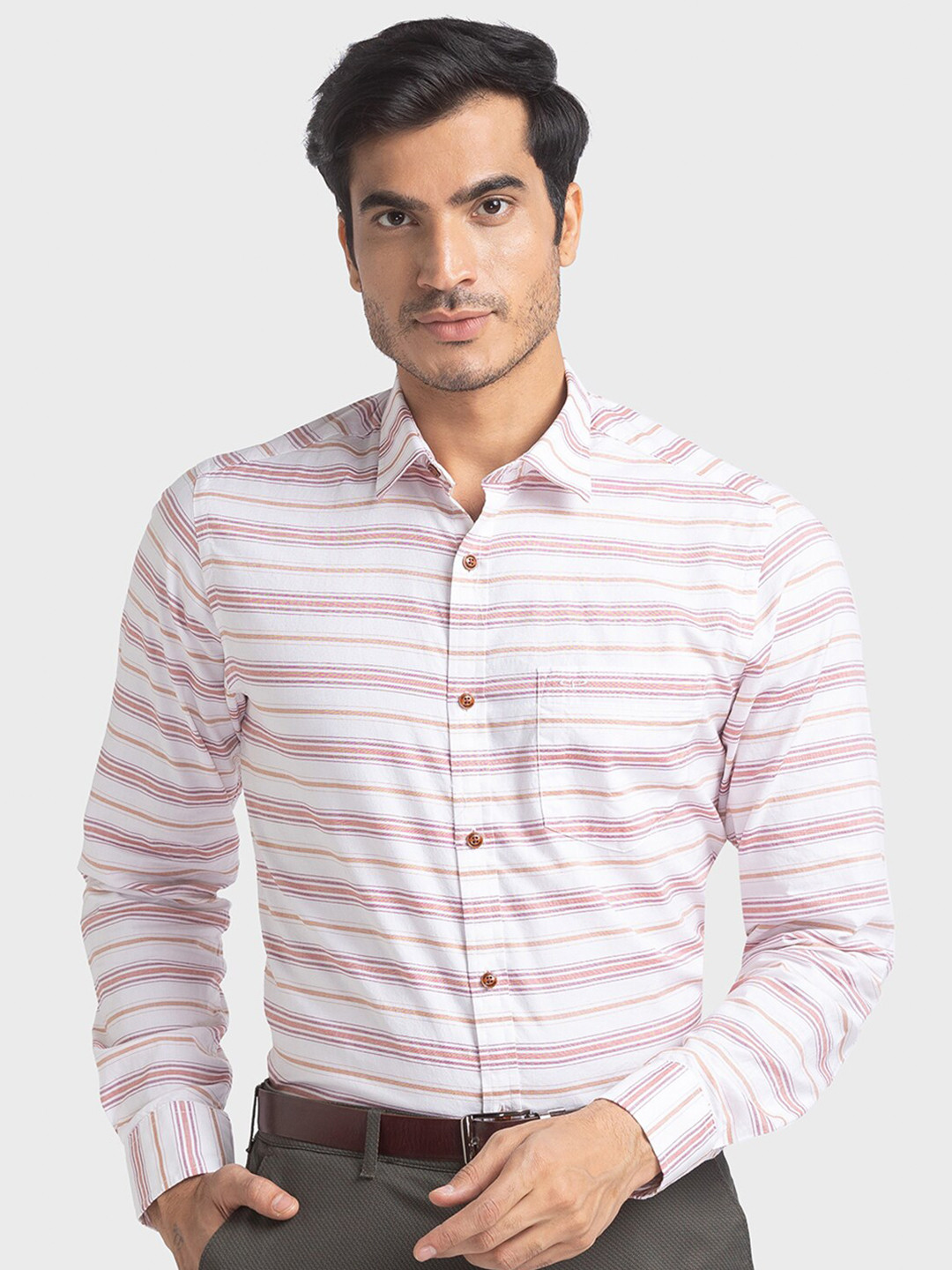 ColorPlus Men Red Horizontal Striped Cotton Casual Shirt