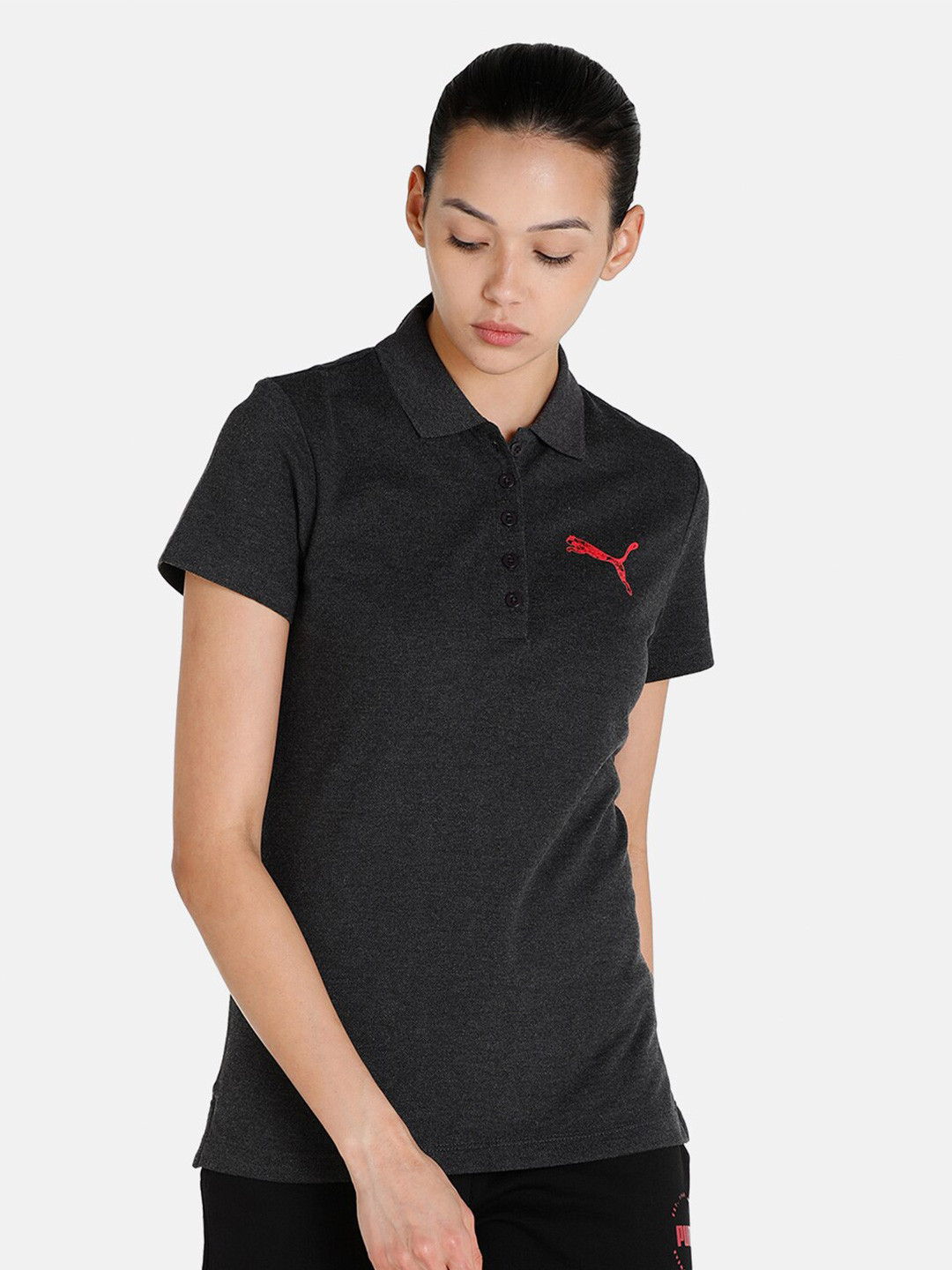Puma Women Black Polo Collar T-shirt
