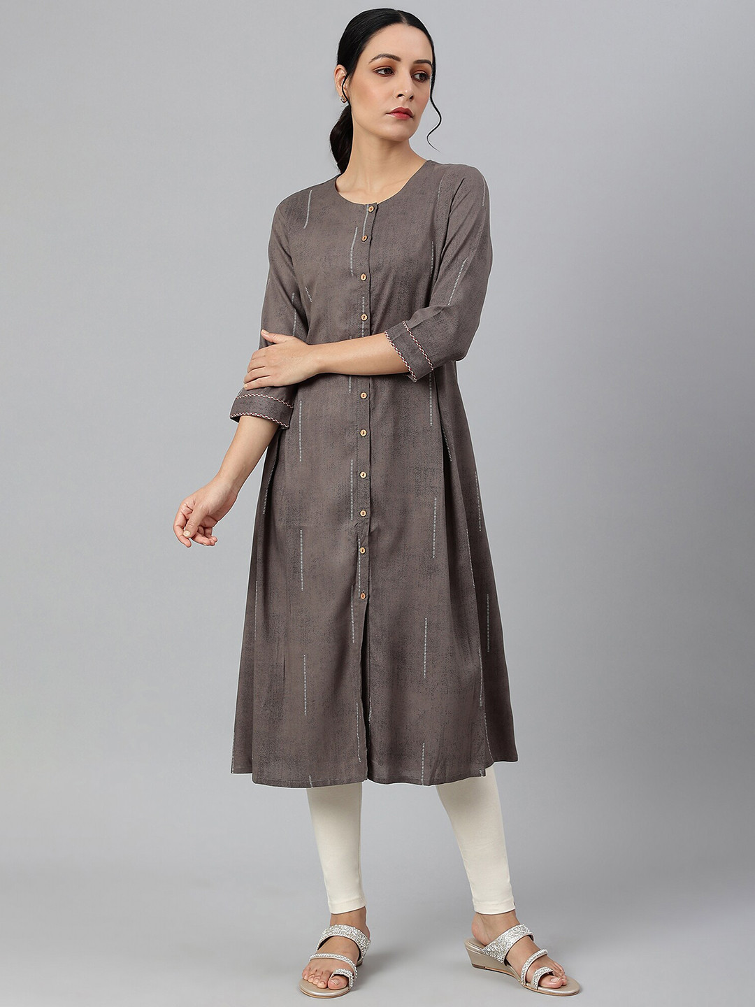 W Women Charcoal Grey Button Down Pleated Kurta
