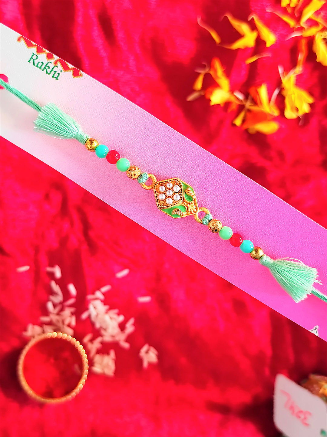 CRAYTON Gold Toned & Turqoise Blue Beaded Rakhi