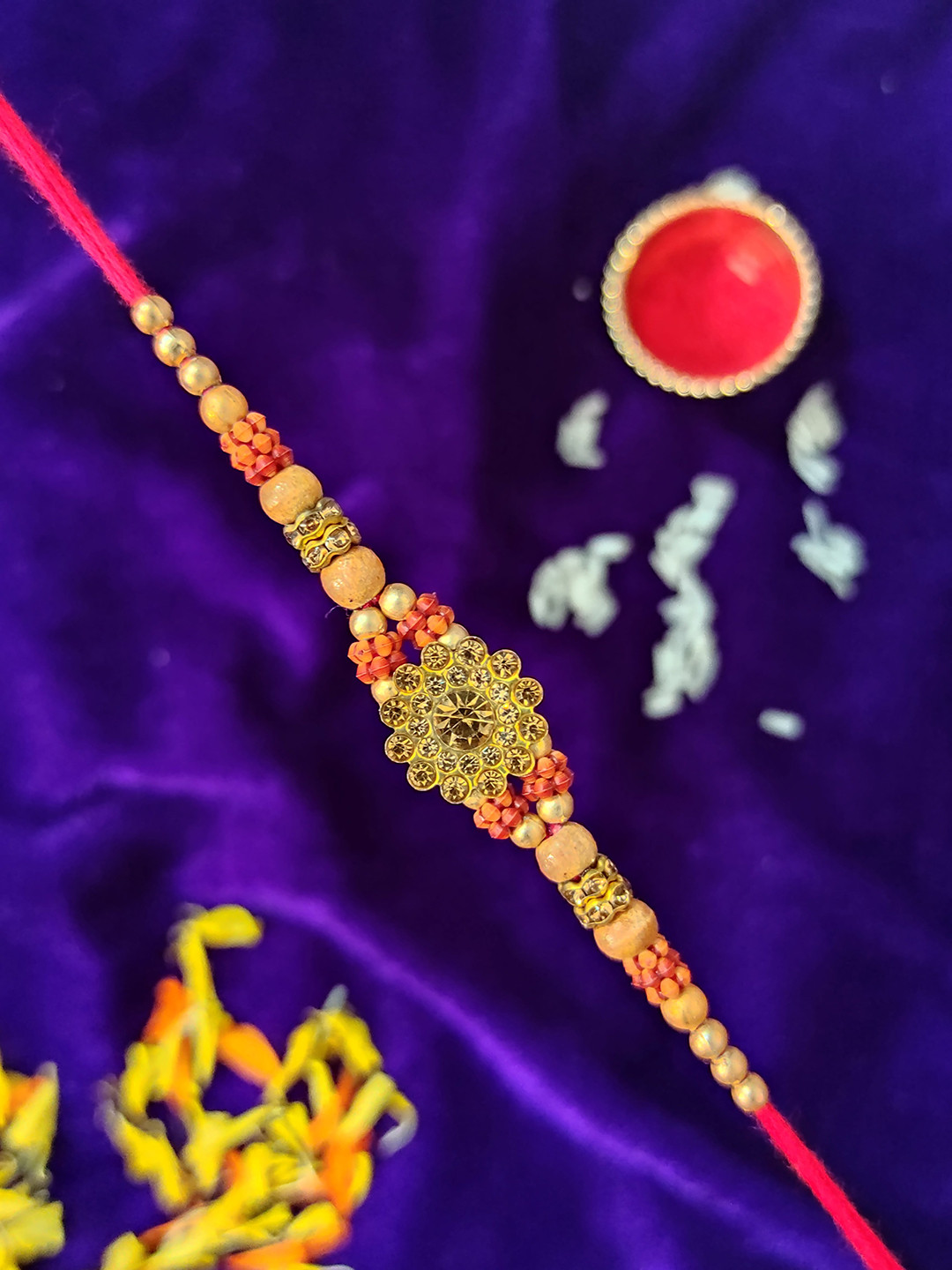 CRAYTON Gold Toned & Red Sandalwood Rudraksh Beaded Rakhi
