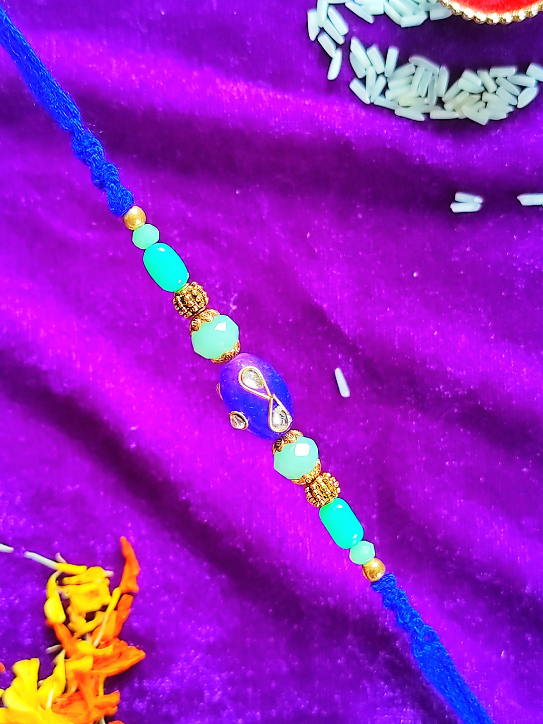 CRAYTON Men Blue Stone-Studded Rakhi With Roli Chawal