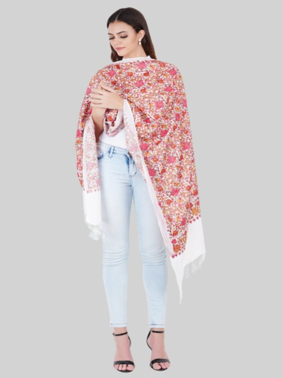 MUFFLY Women White & Red Embroidered Stole