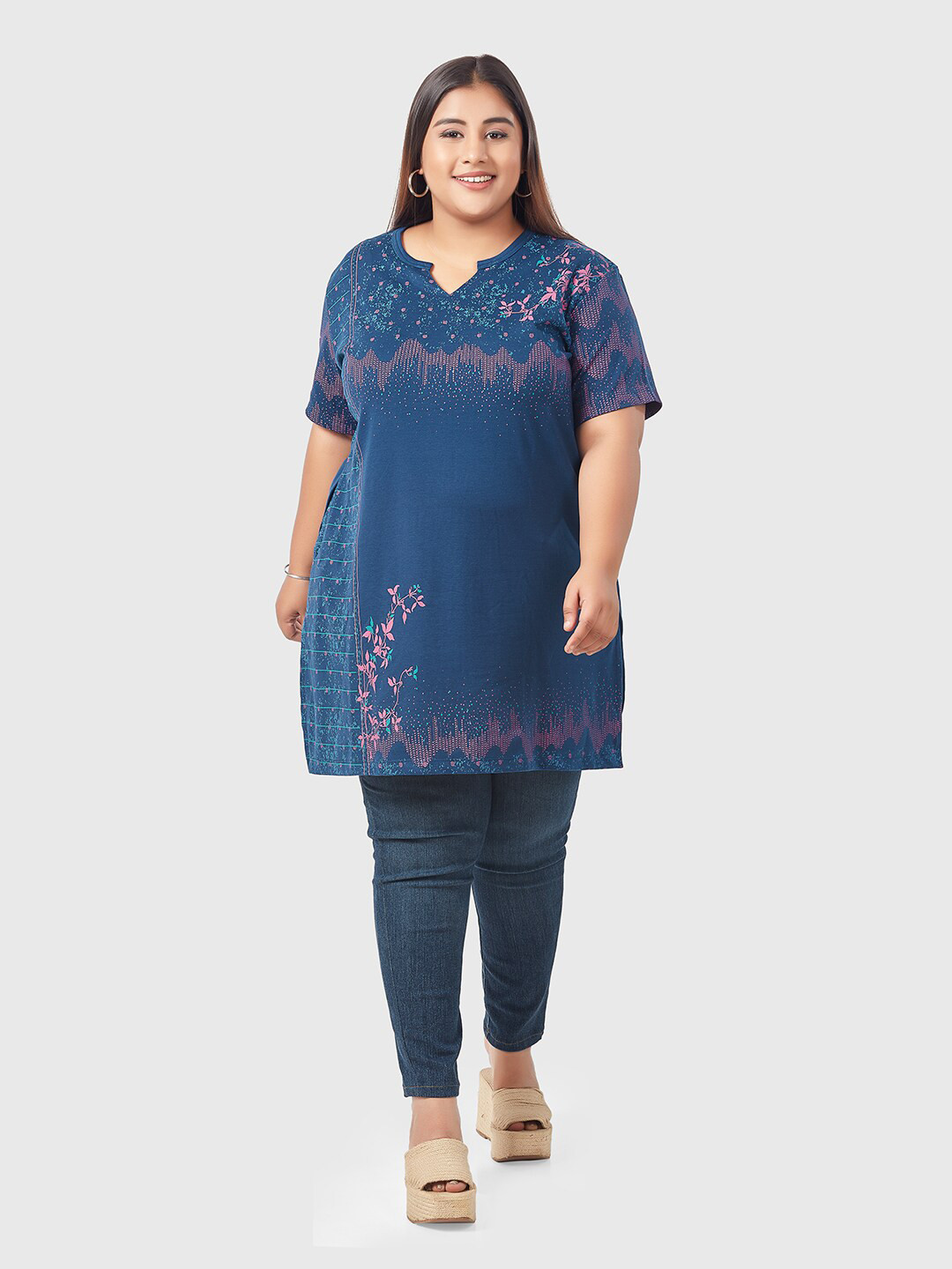 CUPID Women Plus Size Blue Floral Print Cotton Kurti