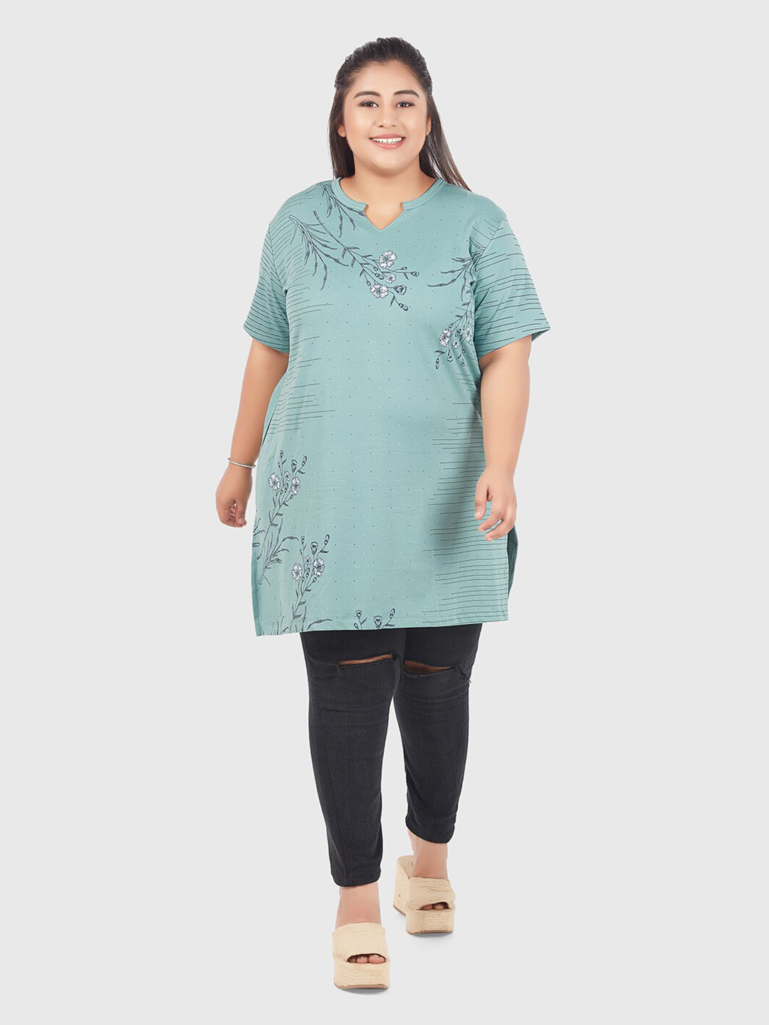 CUPID women Green Printed V-Neck Plus size Cotton Kurti