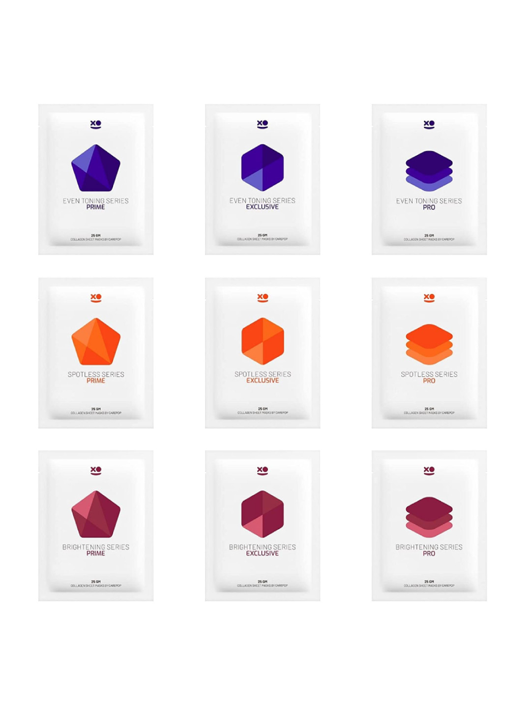 Carepop Set of 9 Collagen Sheet Masks  - Even Toning + Spotless + Brightening - 25g each