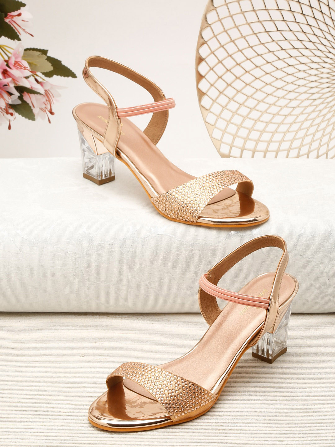 pelle albero Pink Embellished Party High-Top Block Peep Toes