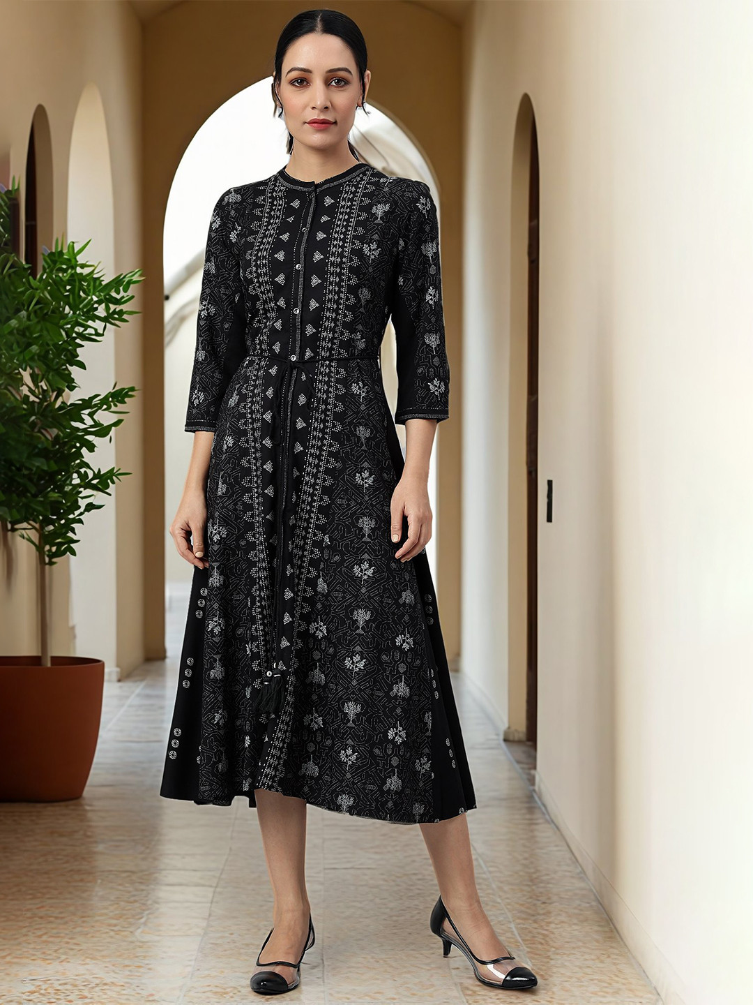 W Black Chiffon A-Line Midi Dress