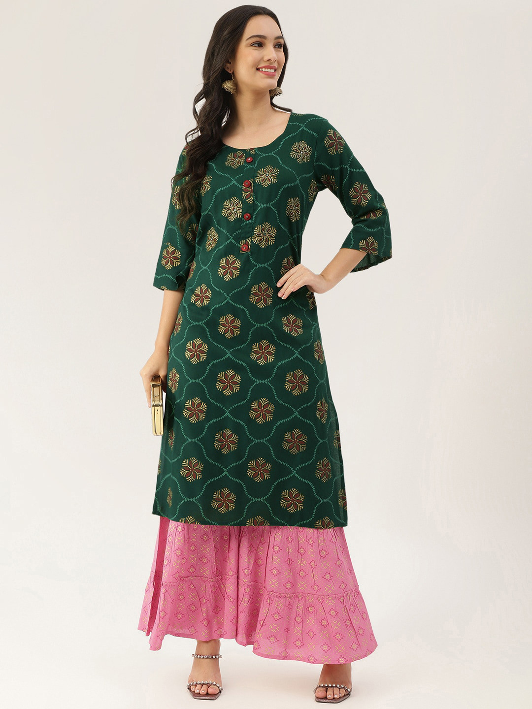 Lee Moda Women Green Printed Kurti with Sharara