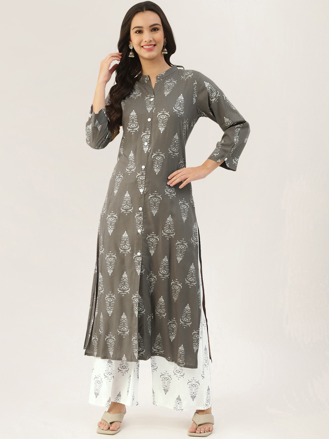 Lee Moda Women Grey Floral Printed Panelled Kurti with Palazzo Set
