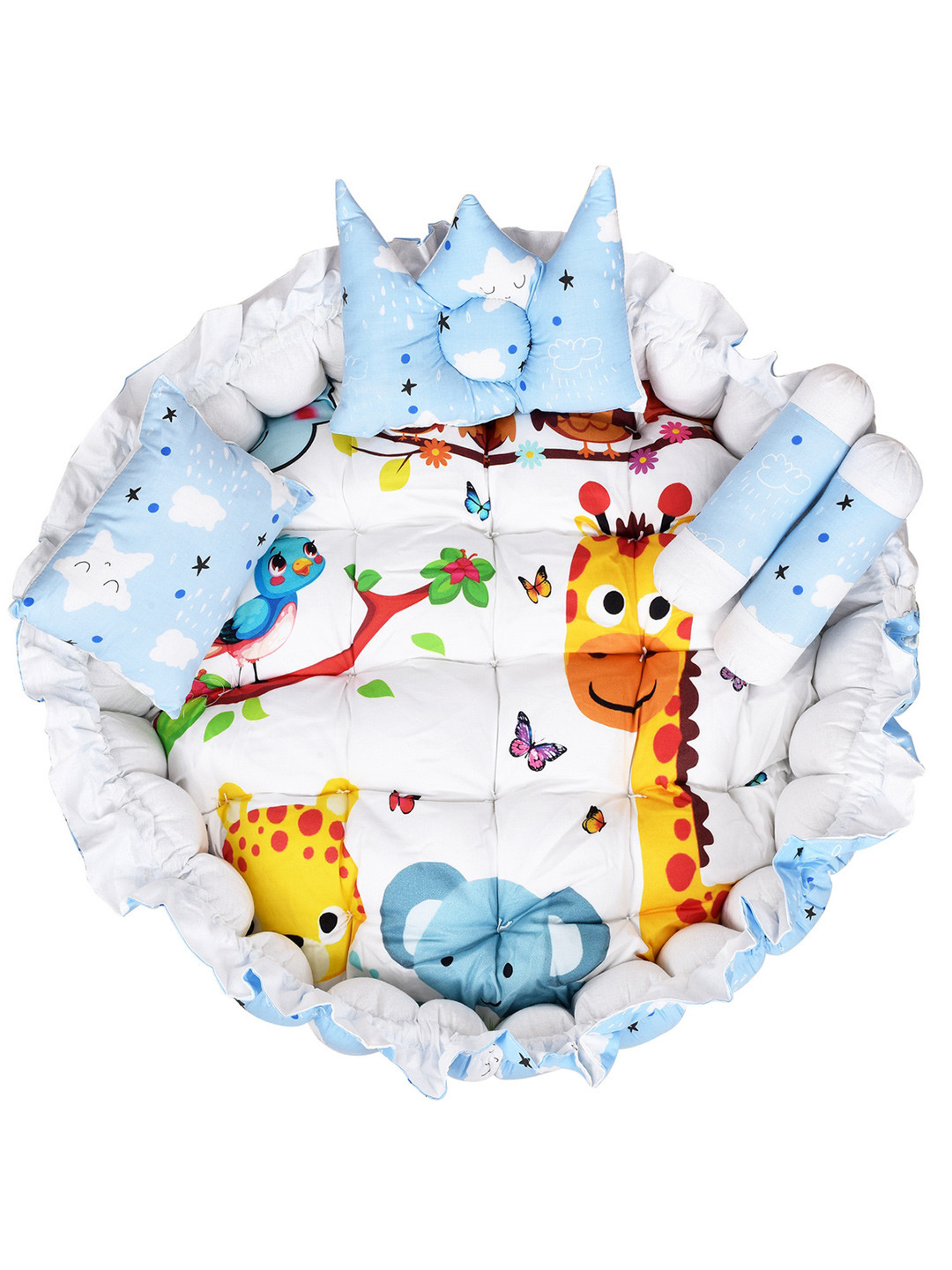 LOREM Infants Kids Blue & White Printed Pure Cotton Round Bed With 4 Pillow Set