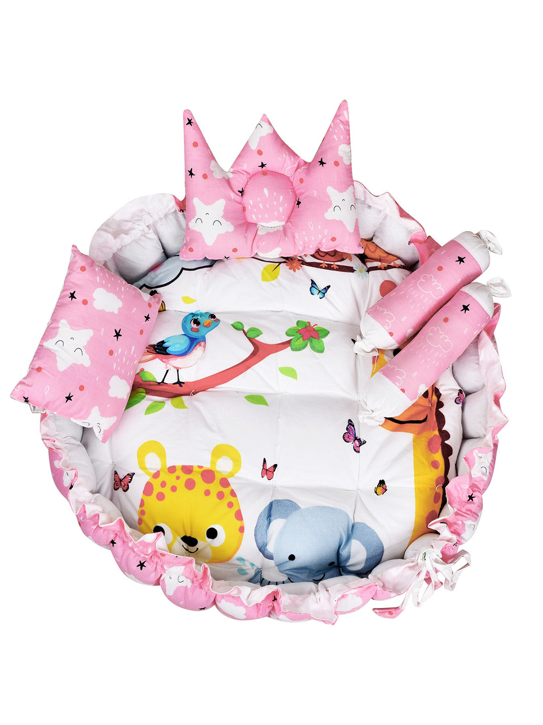 LOREM Infants Kids Pink & White Printed Pure Cotton Round Bed With 4 Pillow Set