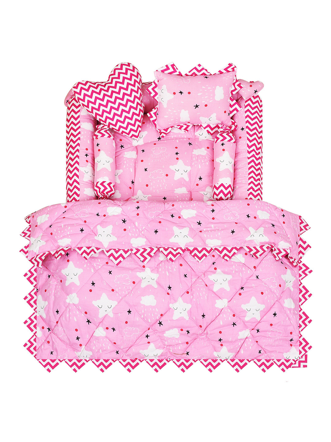 LOREM Infant Pink & White Printed Pillows & Square Shape Cotton Baby Bed Sets