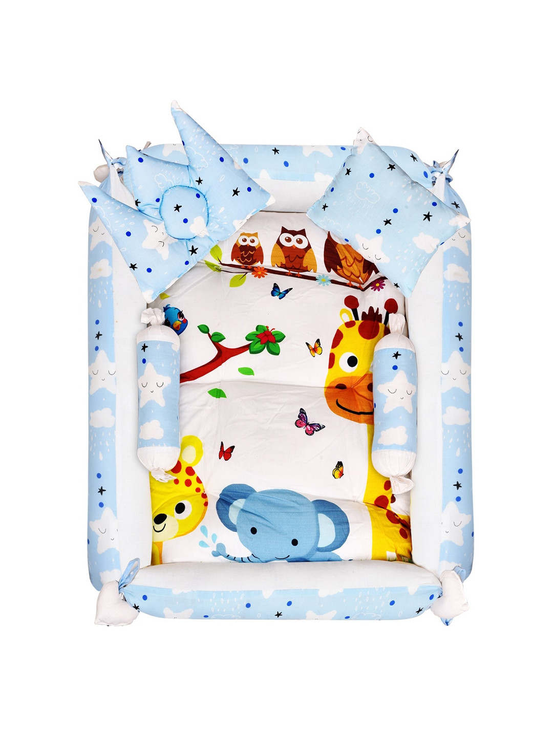 LOREM Infant Kids  Blue & White Printed Cotton Mattress Set With Neck Pillow & Bolsters