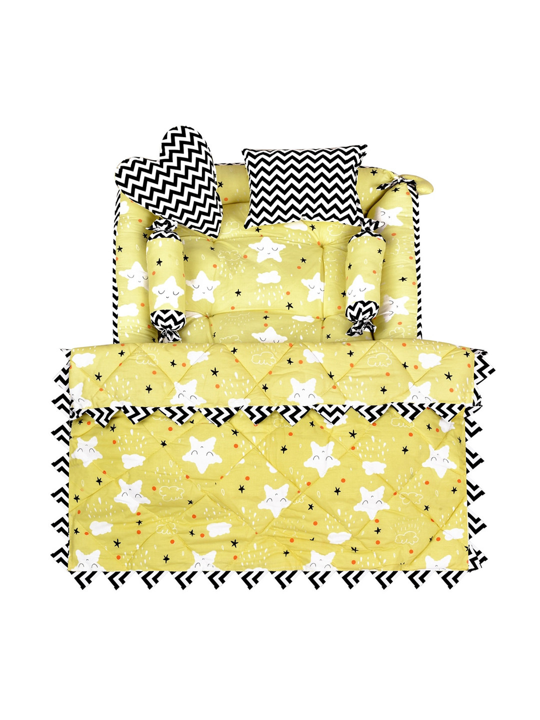 LOREM Infant Kids Yellow & White Printed Cotton Mattress Set With Neck Pillow & Bolsters
