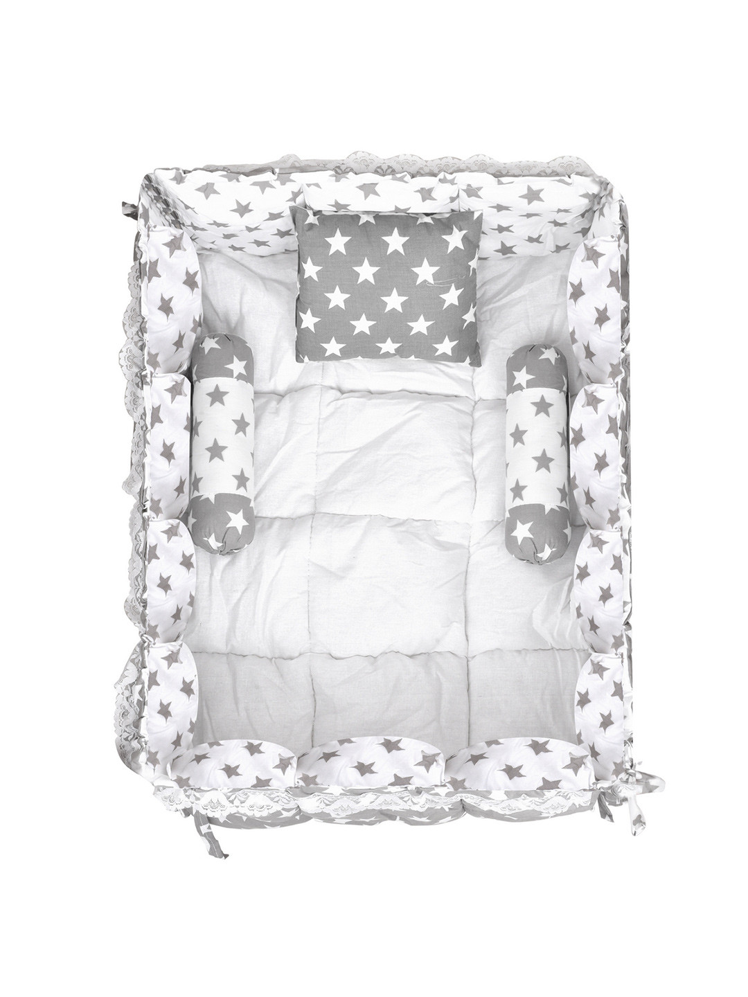 LOREM Infant Kids Grey & White Printed Cotton Mattress Set With Neck Pillow & Bolsters