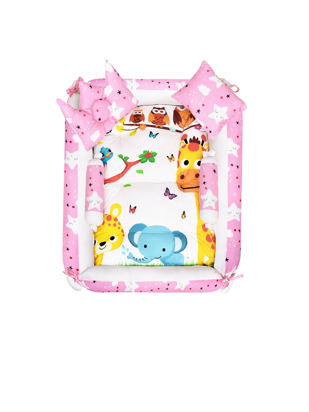 LOREM Infant Kids Pink & White Printed Cotton Mattress Set With Neck Pillow & Bolsters