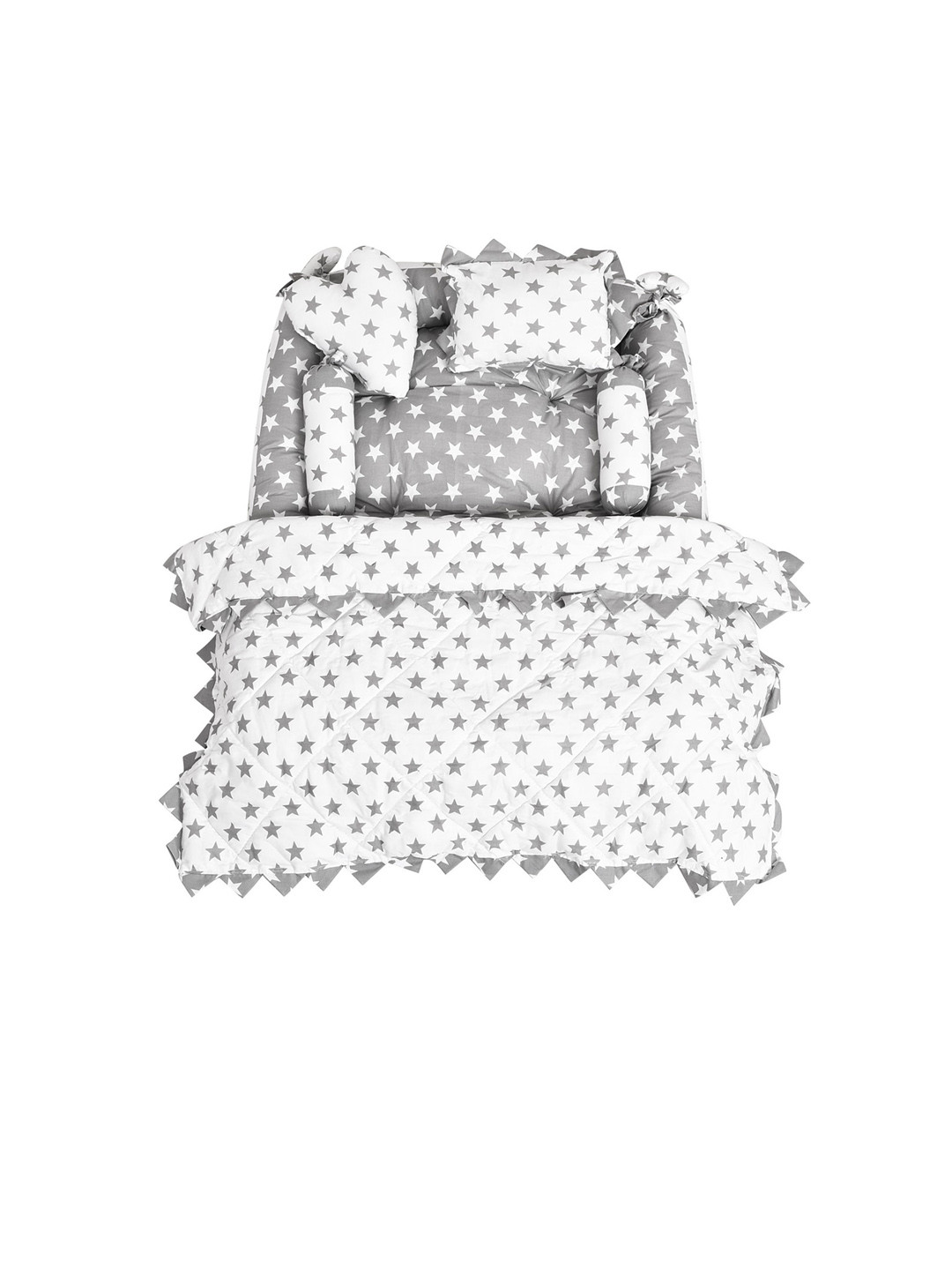 LOREM Infant Kids Grey & White Printed Cotton Mattress Set With Neck Pillow & Bolsters