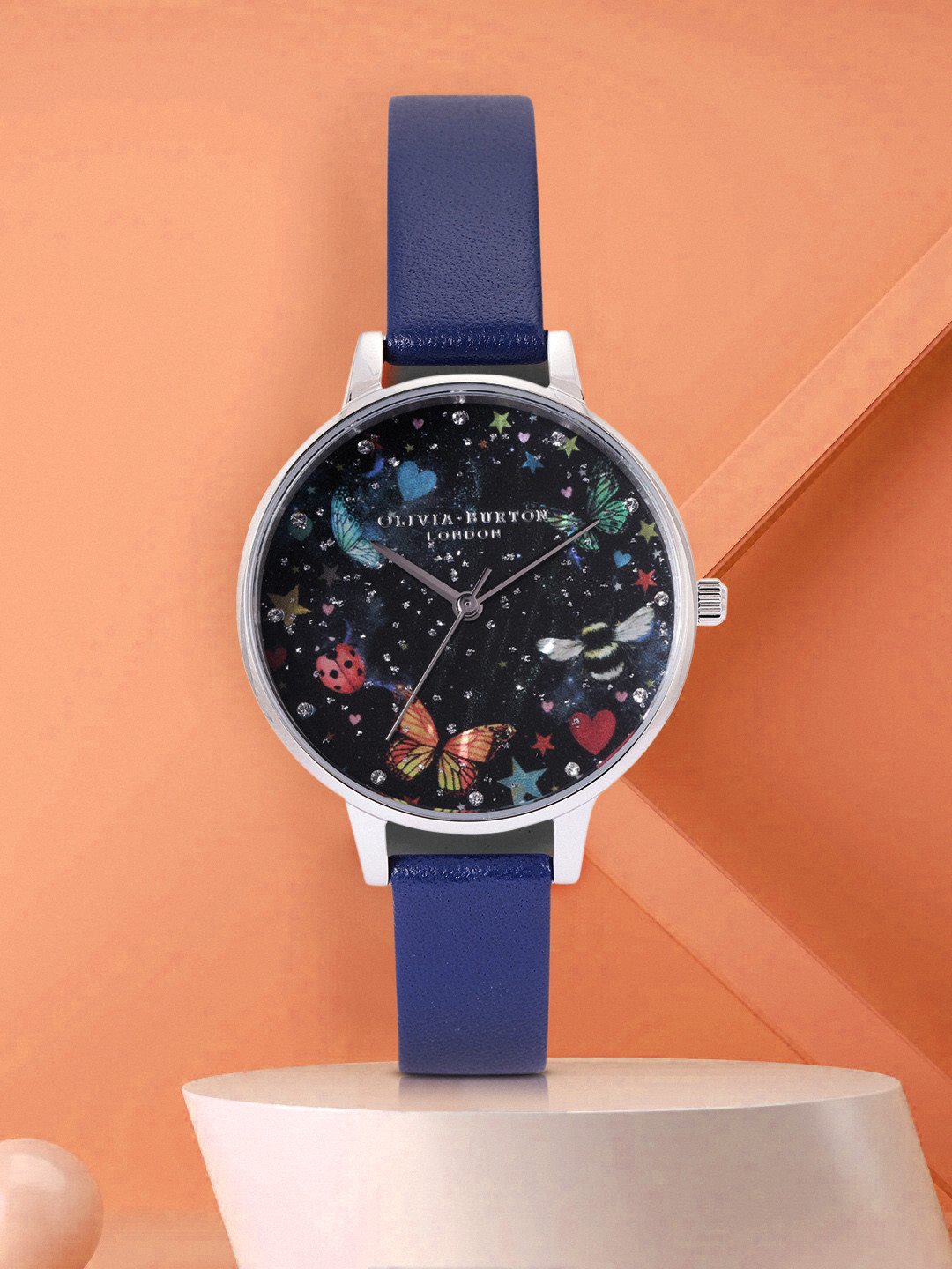 OLIVIA BURTON LONDON Women Black Printed & Embellished Leather Watch OB16WG86