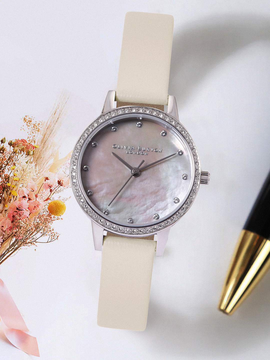 OLIVIA BURTON LONDON Women Grey Embellished Dial & Leather Strap Analogue Watch OB16MD100