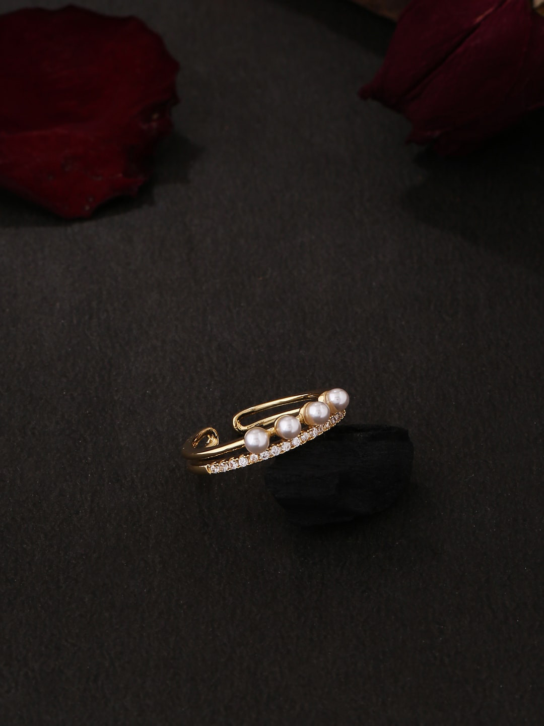 kashwini White Gold-Plated Stone-Studded Beaded Adjustable Finger Ring