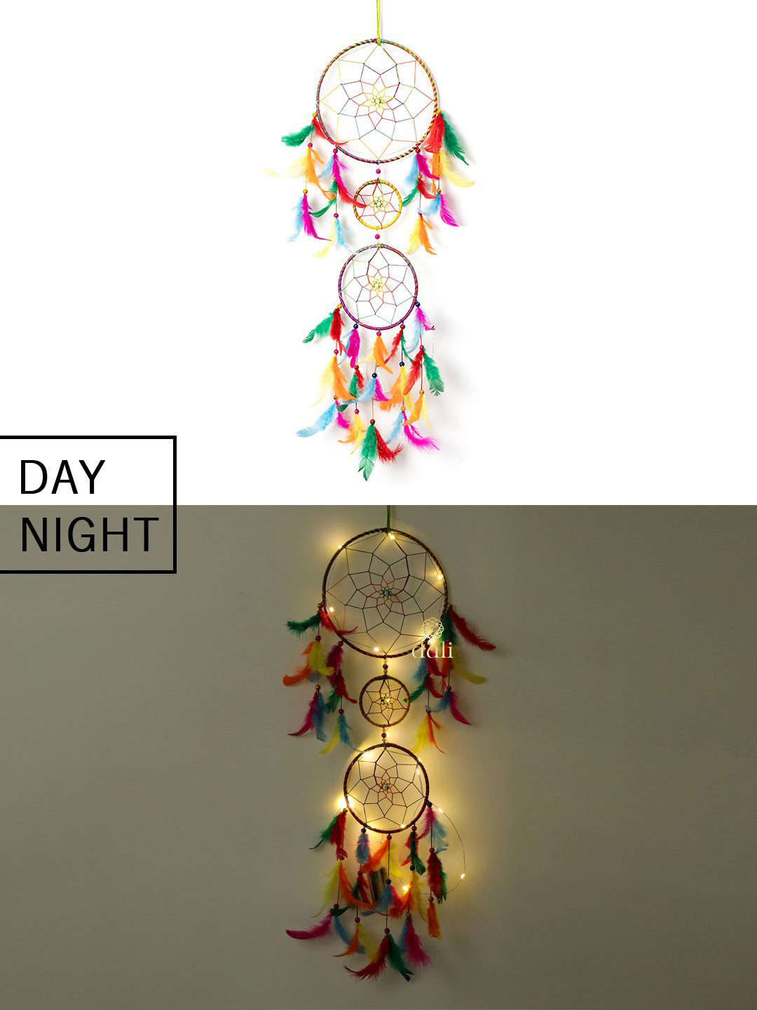 DULI Multicoloured Feathers Hanging Dream Catcher with Lights & Windchimes