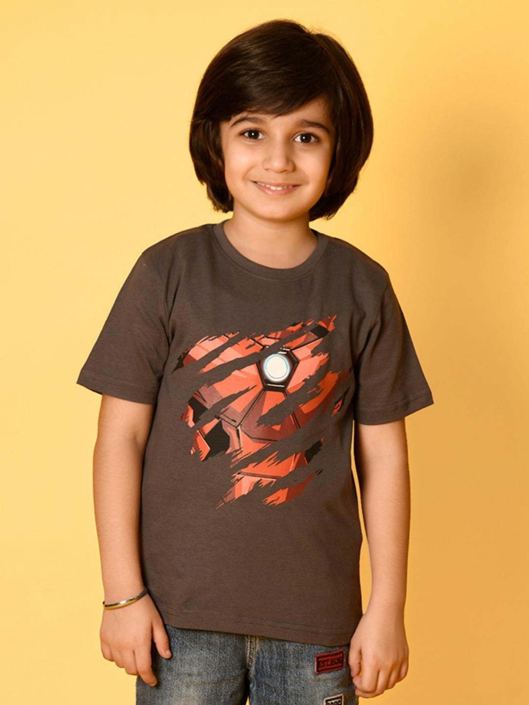 Nap Chief Kids Grey Iron Man Printed Pure Cotton Slim Fit T-shirt