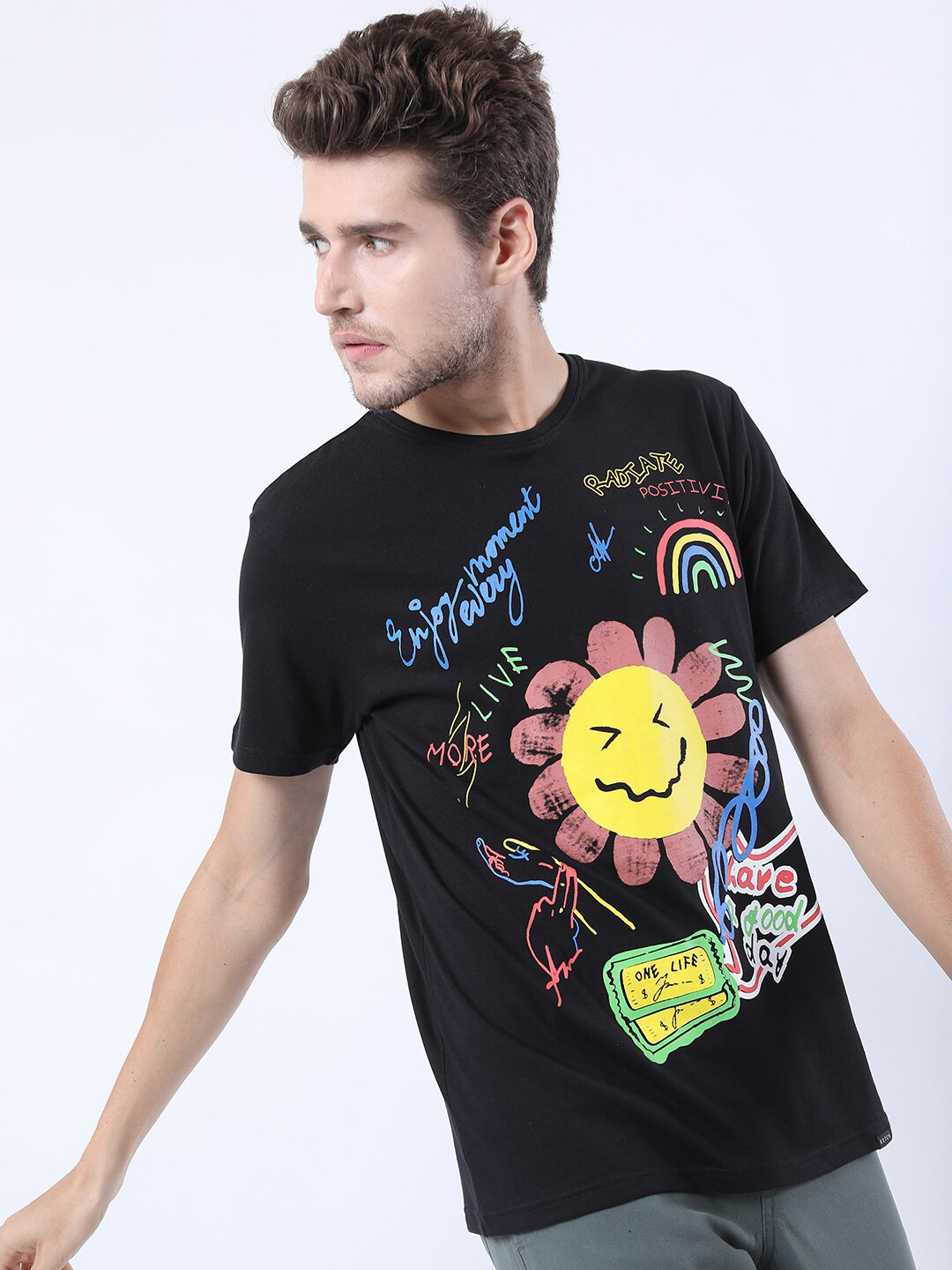 Ketch Men Black Graphic Printed Raw Edge Slim Fit T-shirt