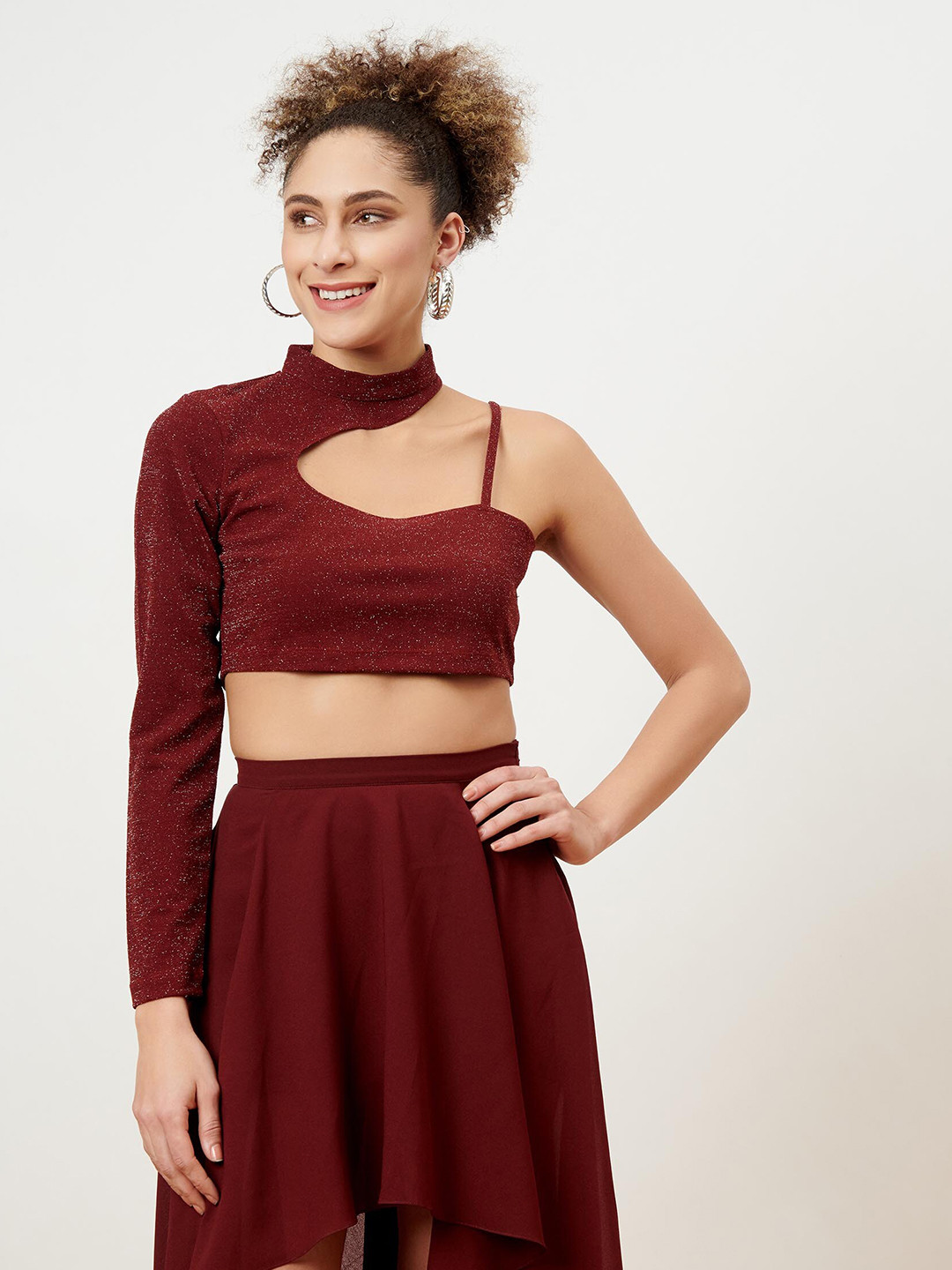 enzeo Maroon Choker Neck Crop Top