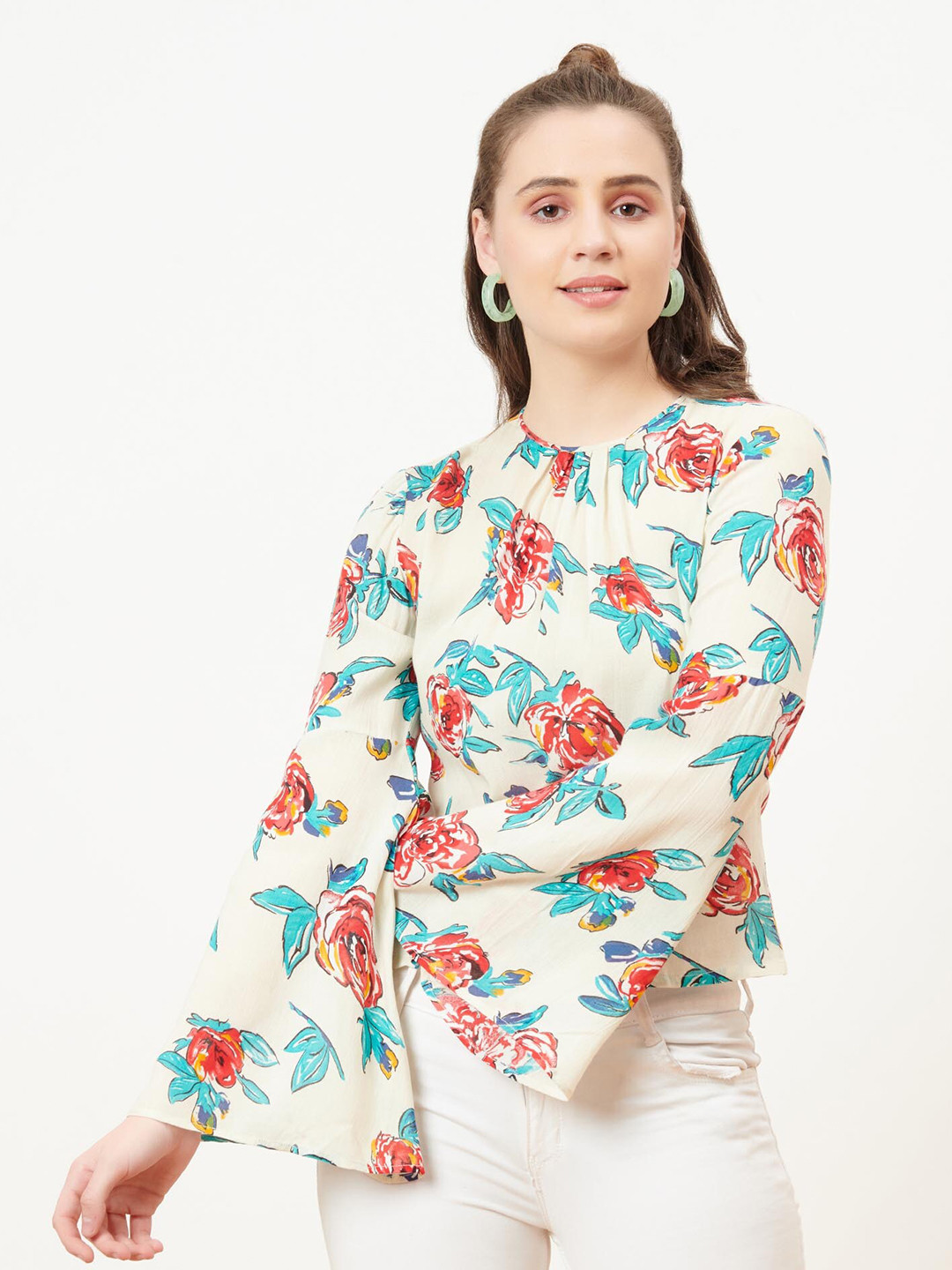 enzeo Beige & Blue Floral Print Top