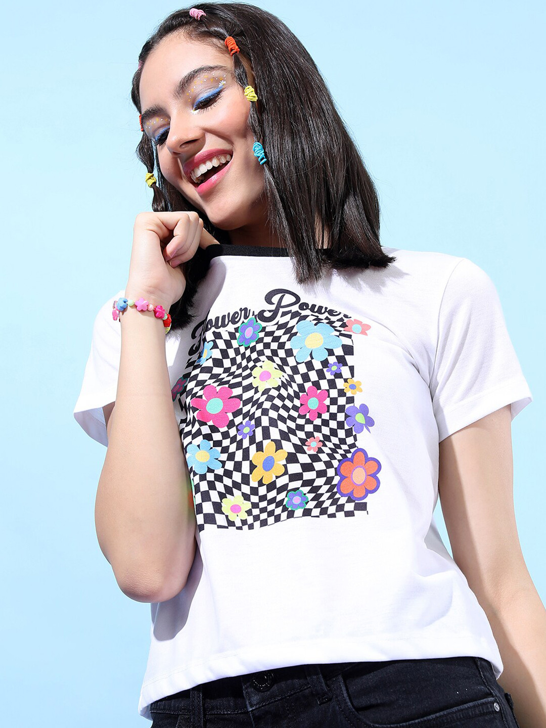 Tokyo Talkies Women White Printed High Neck Slim Fit T-shirt