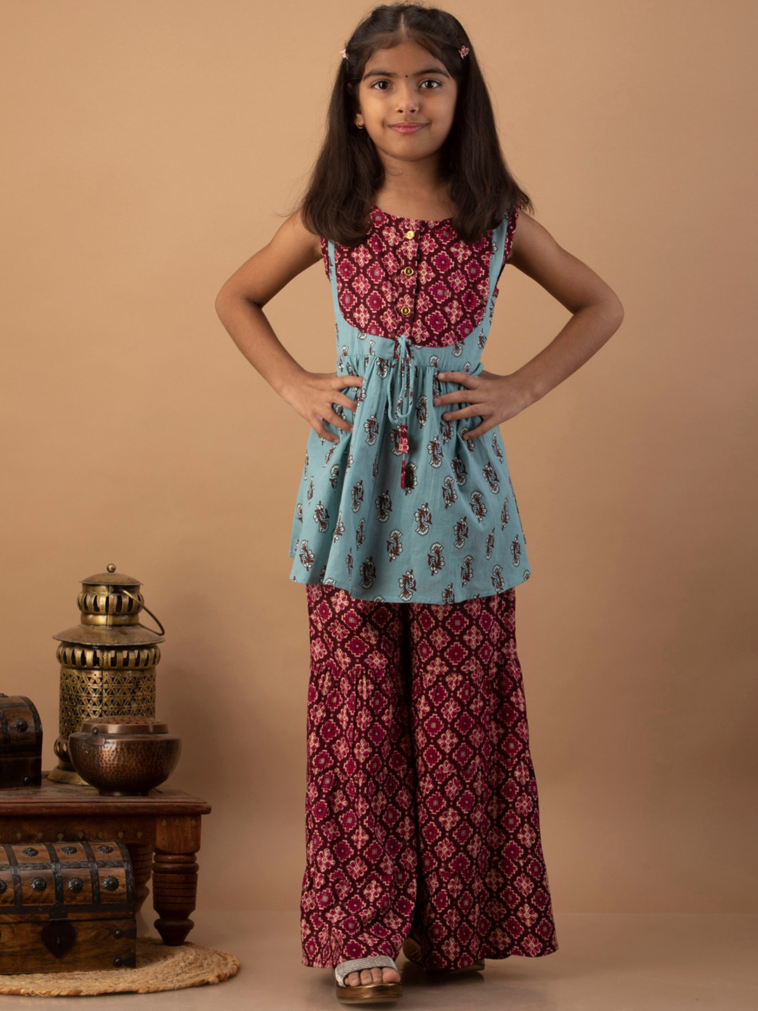 misbis Girls Blue Floral Yoke Design Empire Kurta Set