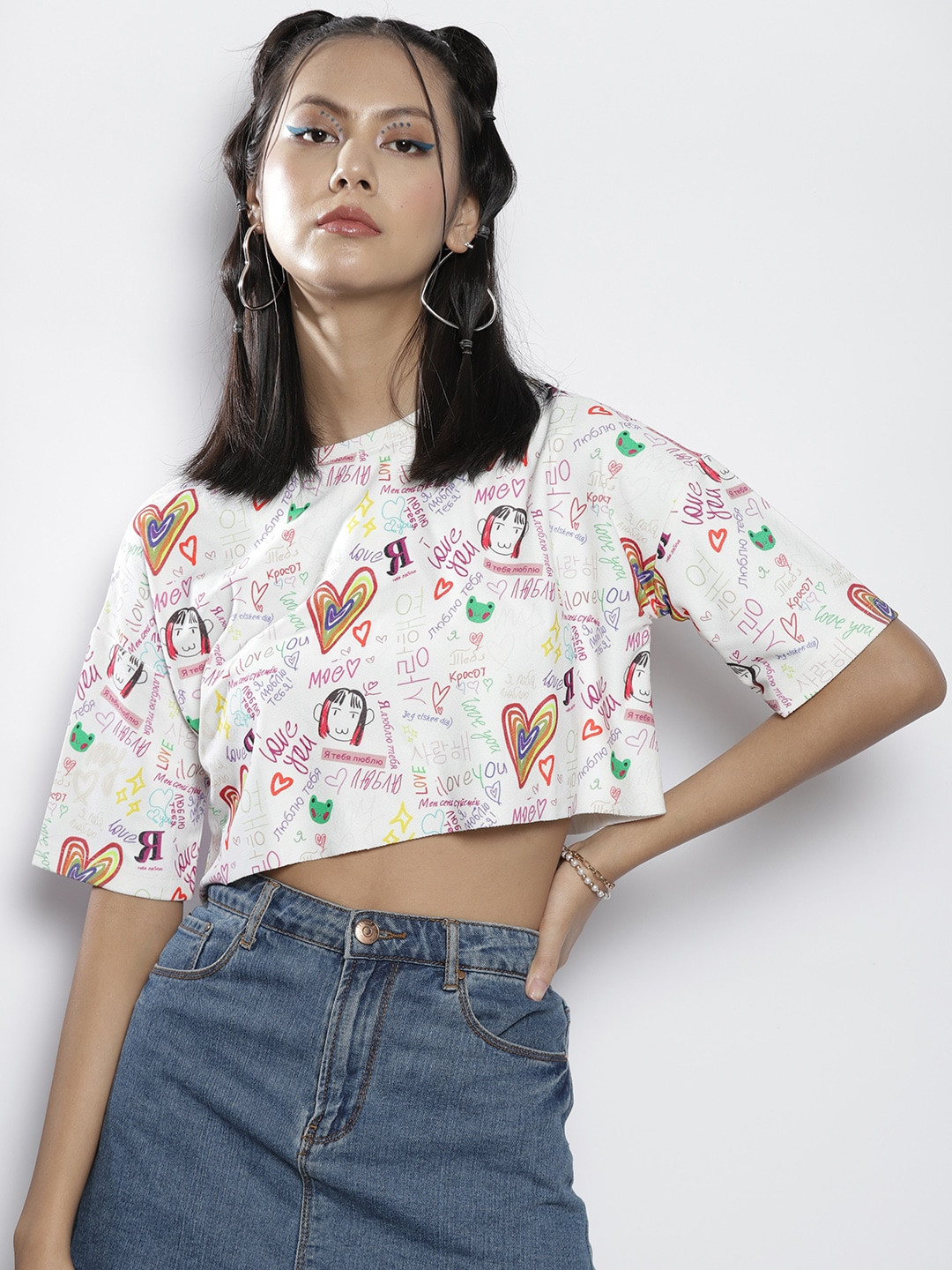 SASSAFRAS Women White & Red Typography Printed Drop-Shoulder Sleeves Boxy Crop T-shirt