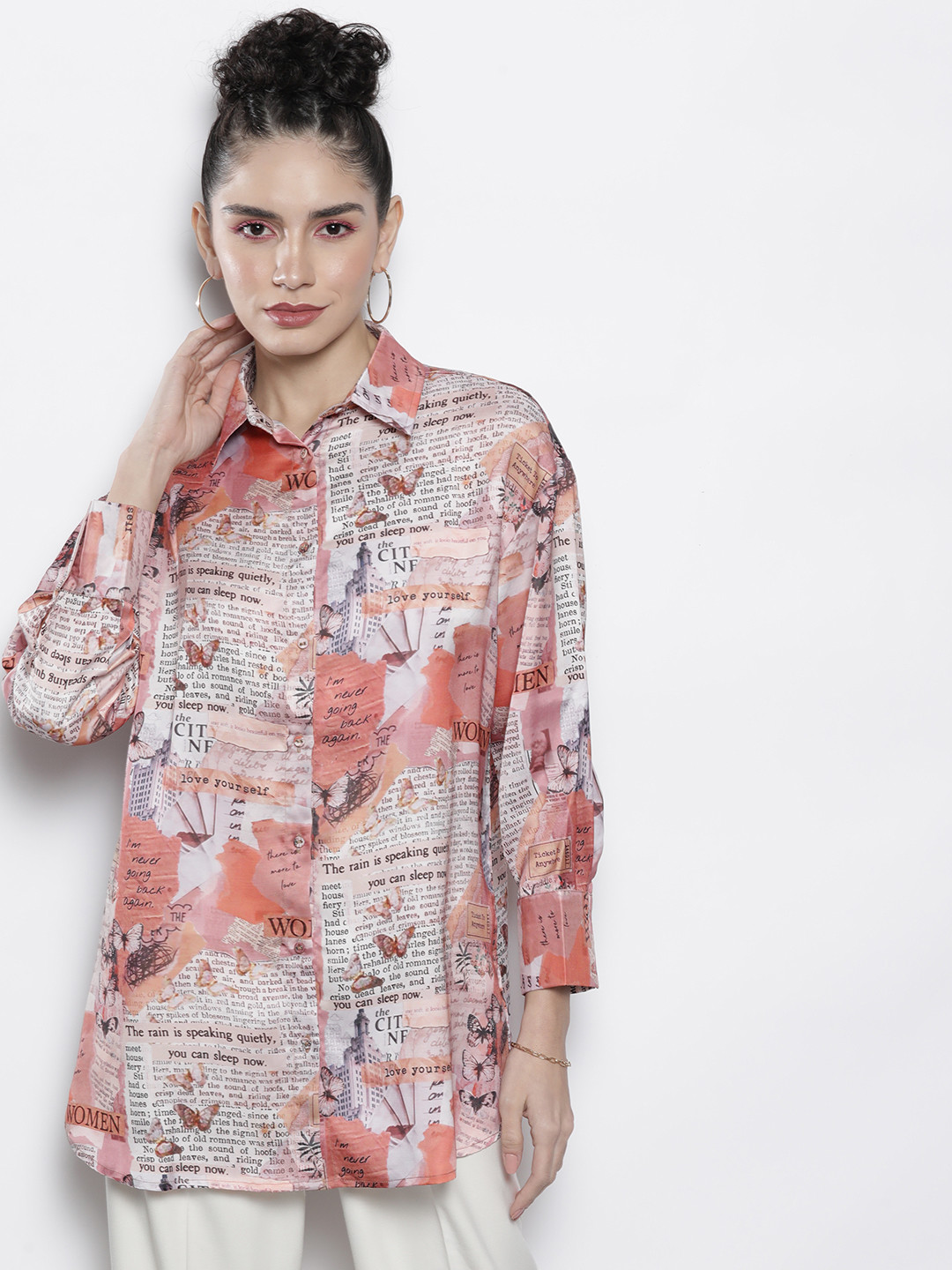 SASSAFRAS Women Beige Comfort Newspaper Printed Casual Shirt