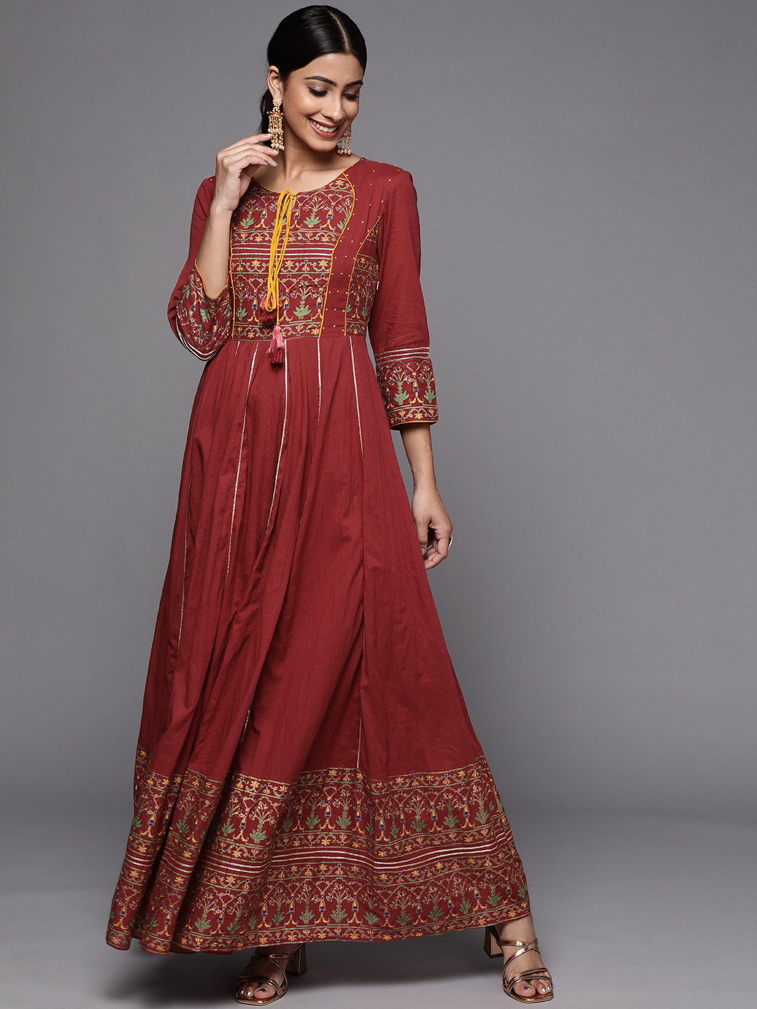 Varanga Maroon Ethnic Motifs Tie-Up Neck A-Line Maxi Dress