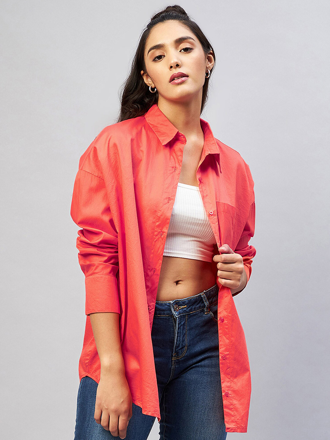 CHIMPAAANZEE Women Orange Oversized Printed Casual Shirt