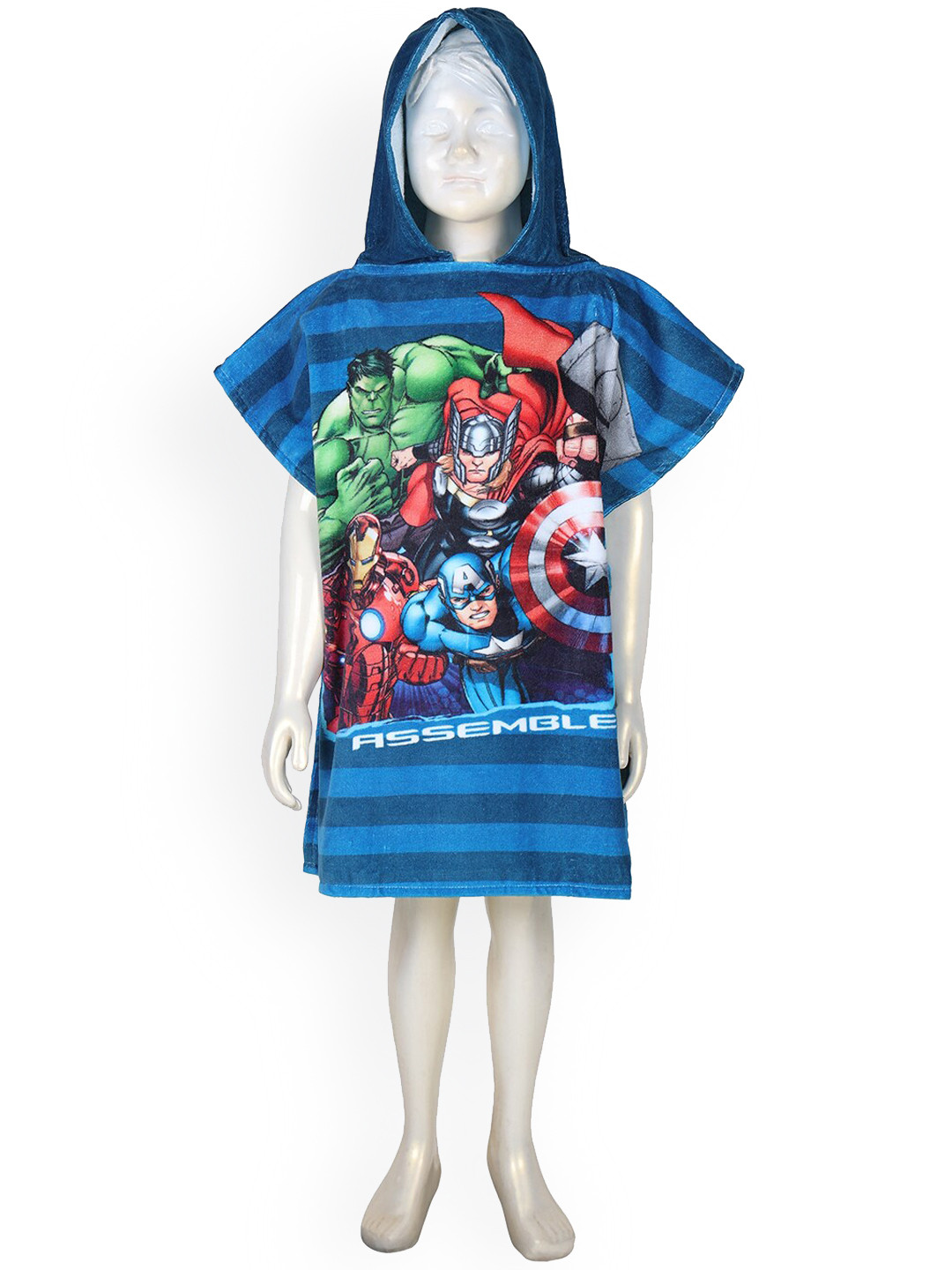 SPACES Blue 380 GSM Marvel Characters Printed Cotton Bath Robe with Hood
