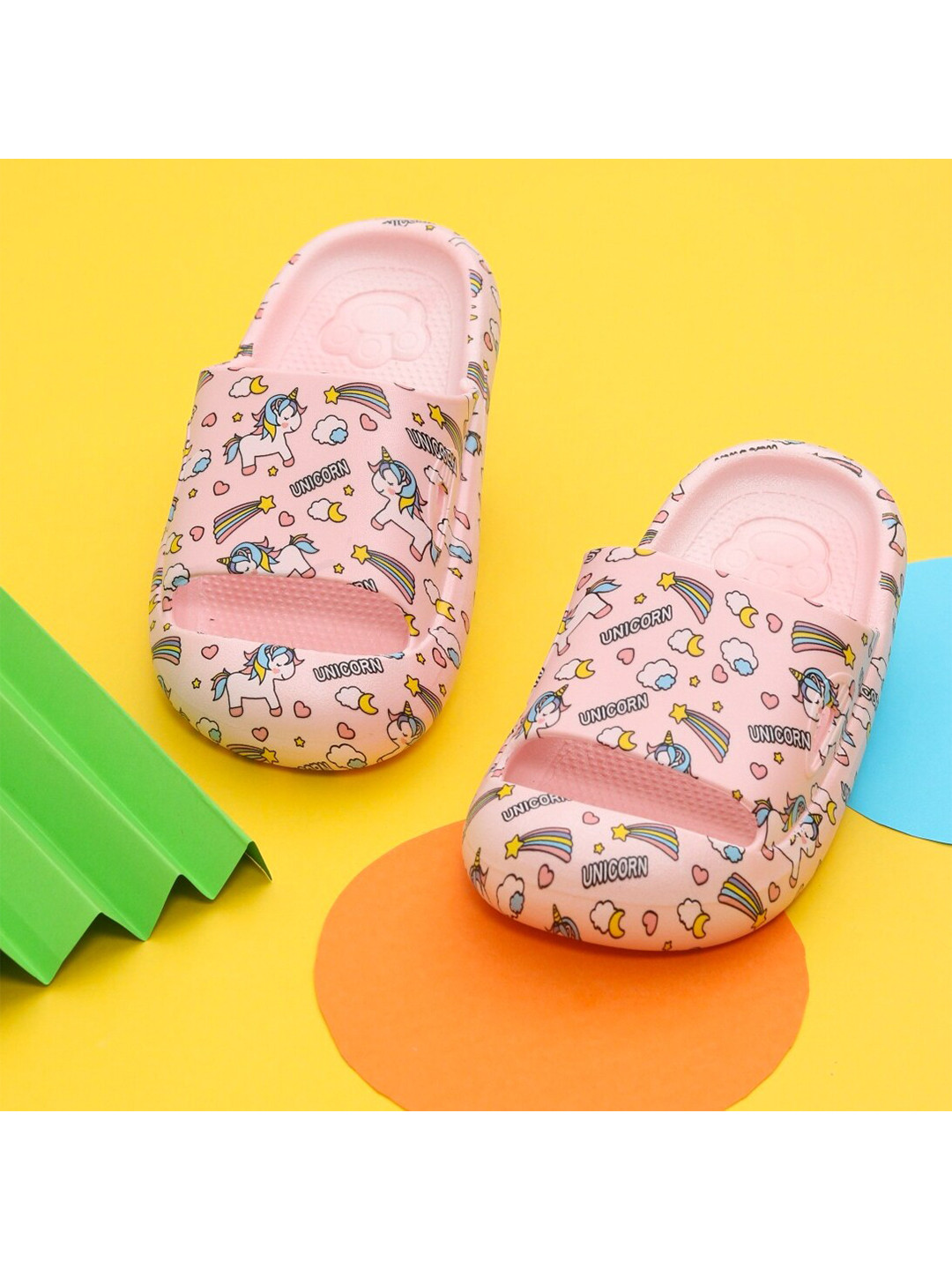 Yellow Bee Girls Pink & Black Printed Rubber Sliders
