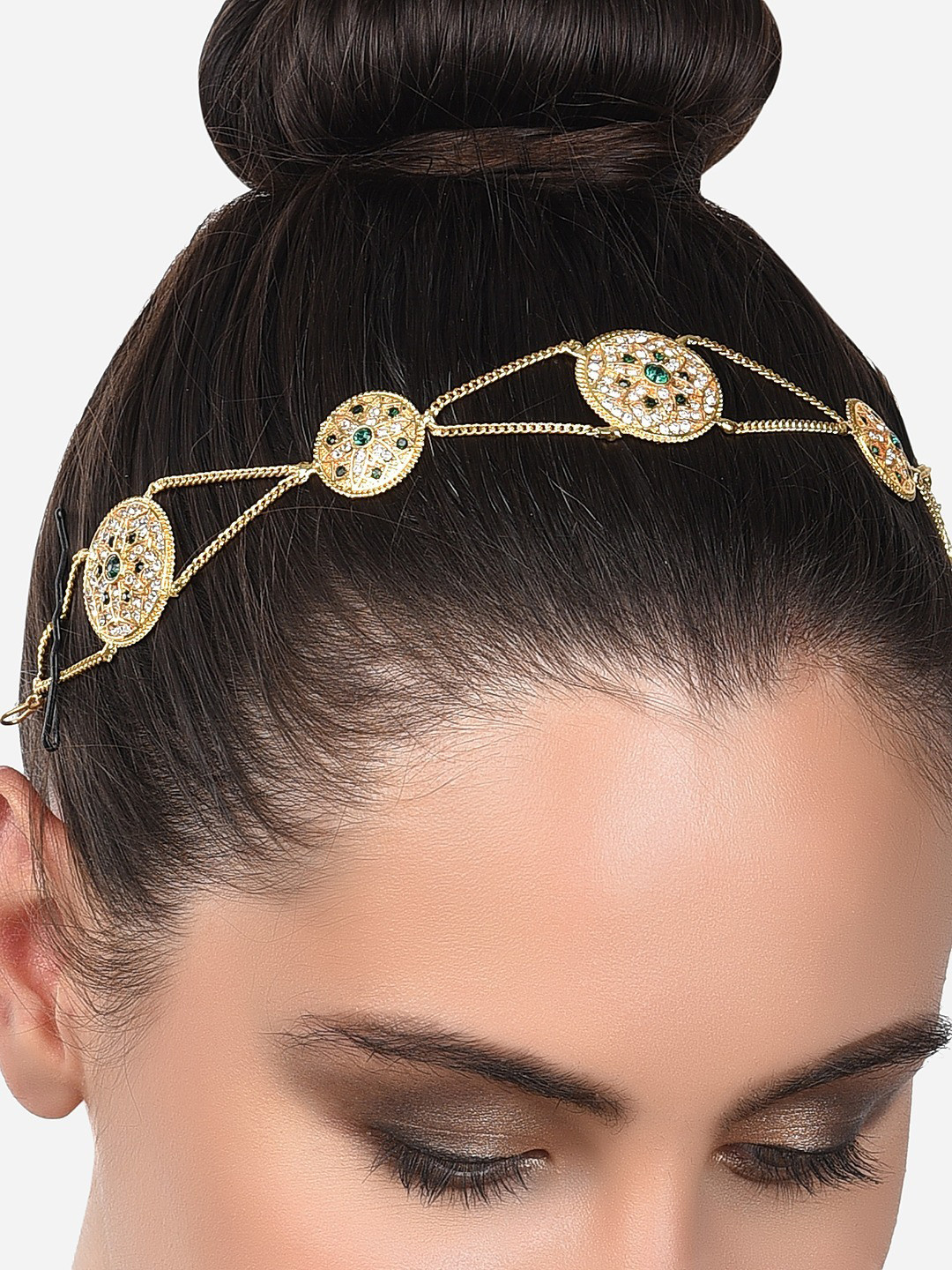 Zaveri Pearls Women Green & Gold-Toned Embellished Head Chain