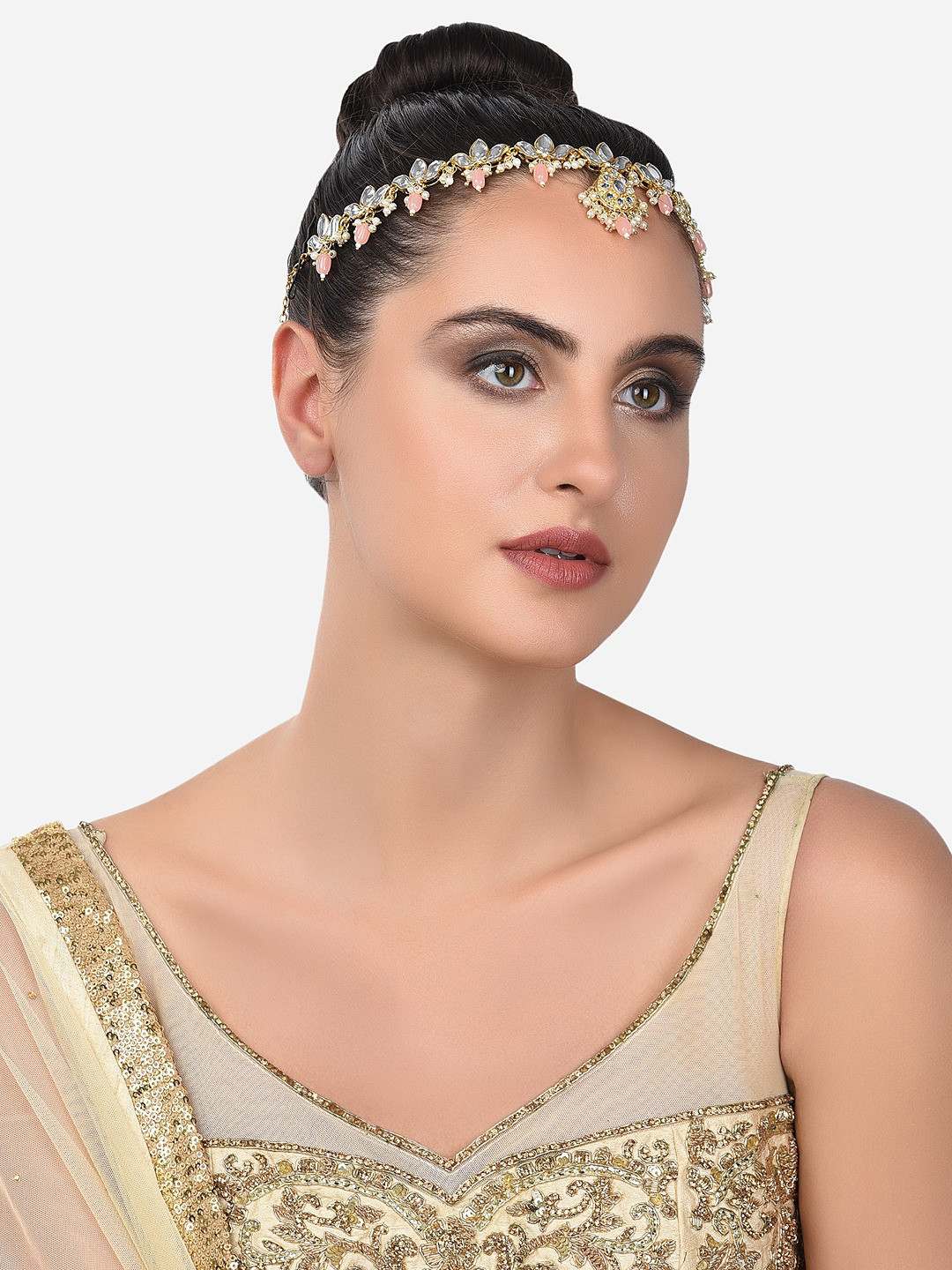 Zaveri Pearls Pink Lotus Design Kundan & beads Head Chain Jewellery-ZPFK14443